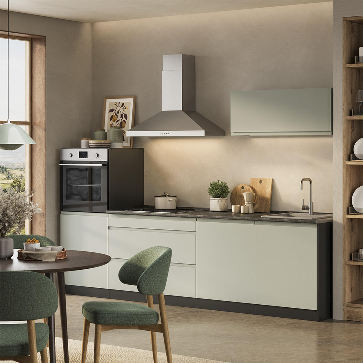 KÜCHENZEILE R-Line, Pastellgrün/Anthrazit, 280 cm Arbeitsplatte Satin - Pastellgrün/Anthrazit, Holzwerkstoff (280/143/60cm) - Vicco
