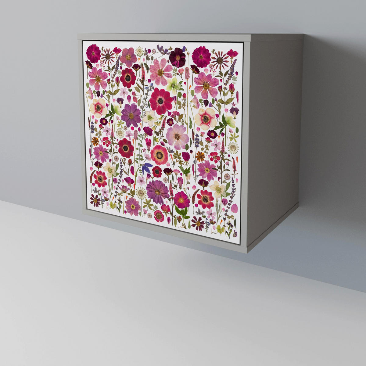 SIDEBOARD PETAL GARDEN, Grau, 57,5x42x77,5 cm, Schräge Buchenholzfüße - Buchefarben/Multicolor, Holzwerkstoff/Buchenholz (57.5/77.5/42cm) - SpaceRebels