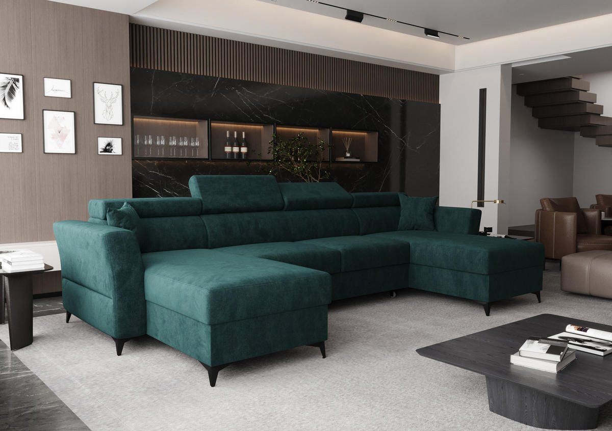 WOHNLANDSCHAFT Ribella Türkis 345/180/100 cm mit Schlaffunktion - Türkis/Schwarz, Textil/Metall (345/100/180cm) - AX Living