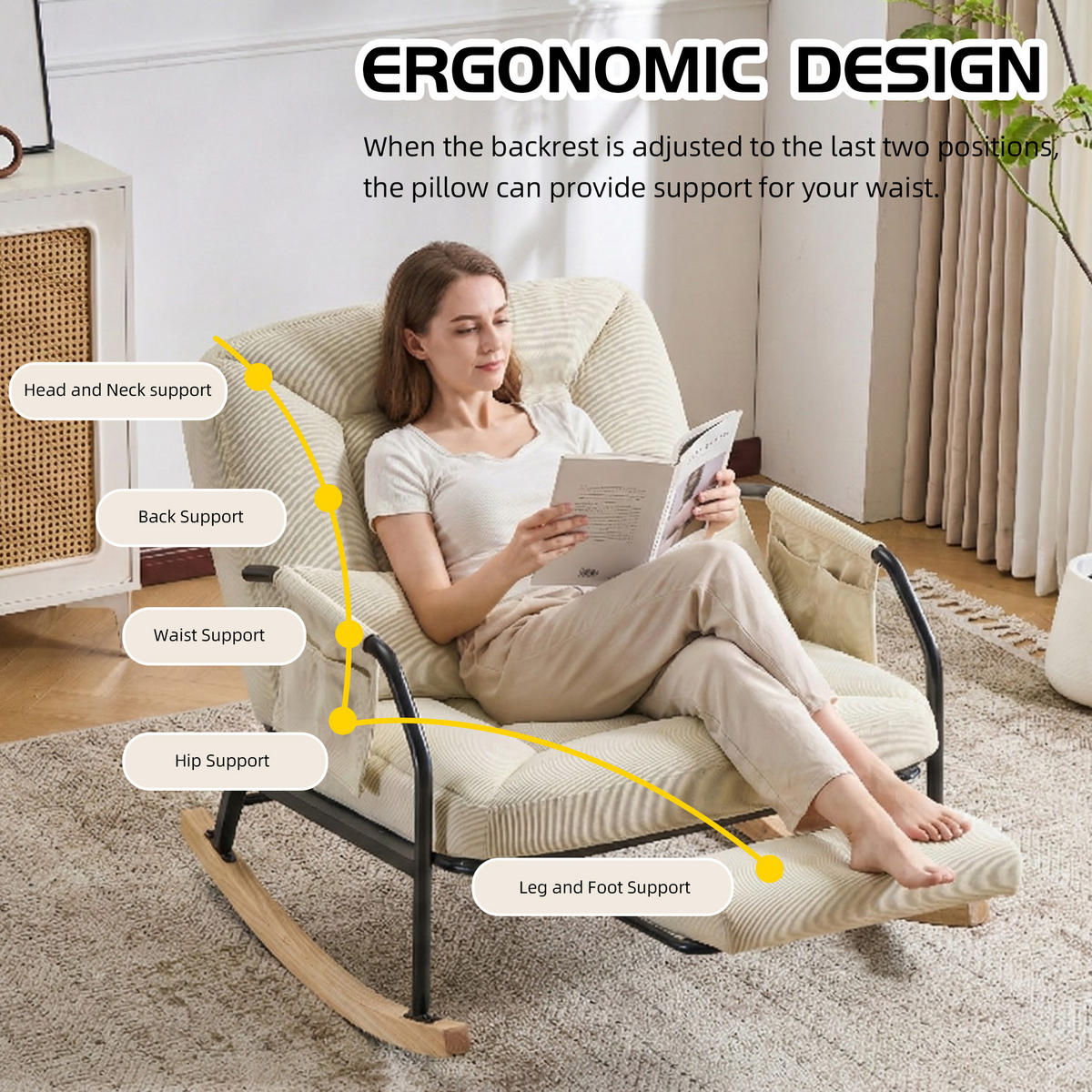SCHAUKELSTUHL,ÜBERGROSS mit Fußstütze verstellbare Lehne Metallholz Cord,beige - Beige, Textil (87/89/88cm) - Vallsero
