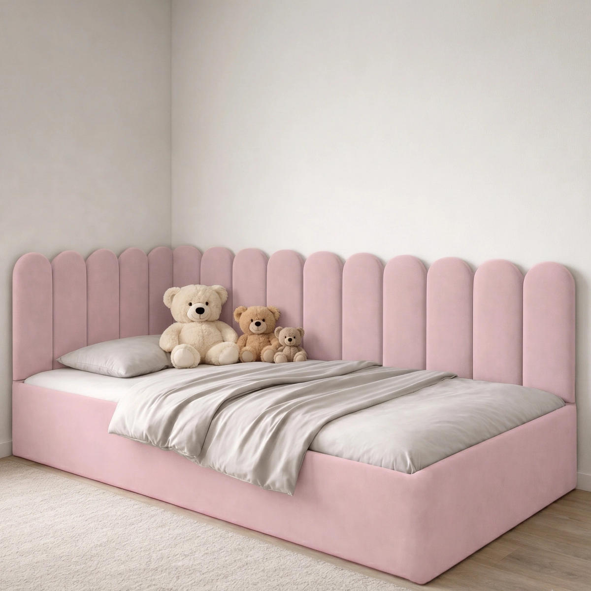 JUGENDBETT Junior Rosa Samtvelours mit Wandpaneelen - 120x200 cm - Bettkasten - Rosa, Holzwerkstoff/Textil (120/200cm) - Ravio