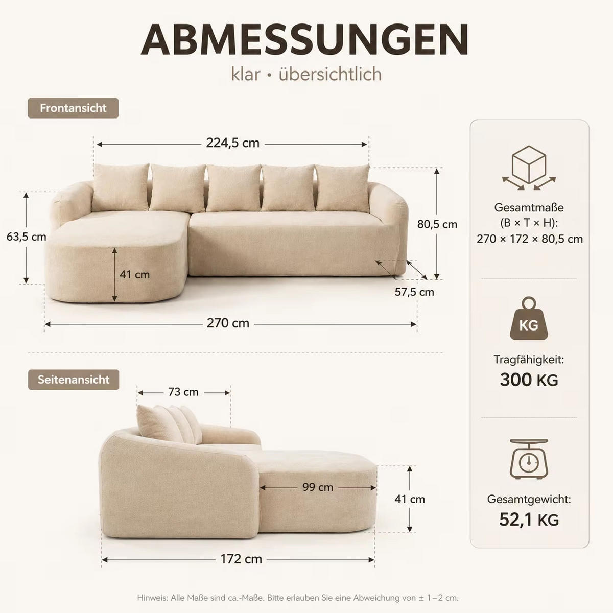 ECKSOFA Chenille, Modulares Kompressionssofa mit Komfortpolsterung, Hellkhaki - Beige, Textil (270/172cm) - Kaket