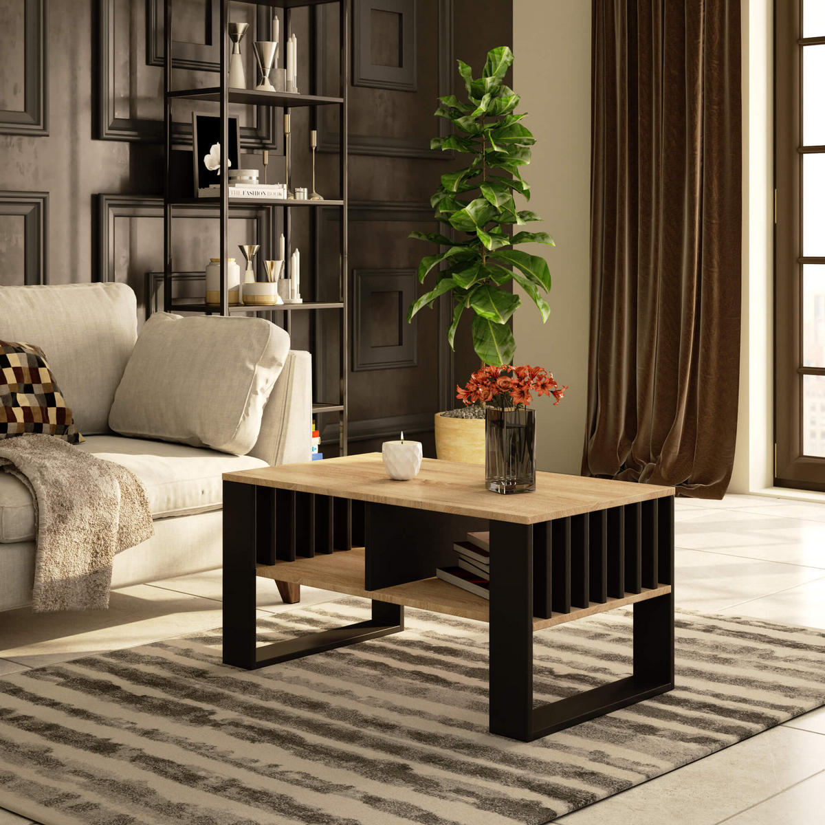 COUCHTISCH ROCKFORD Sonoma Eiche, Schwarz 92x53x45 cm - Schwarz/Sonoma Eiche, Holzwerkstoff (53/92/45cm) - Akord
