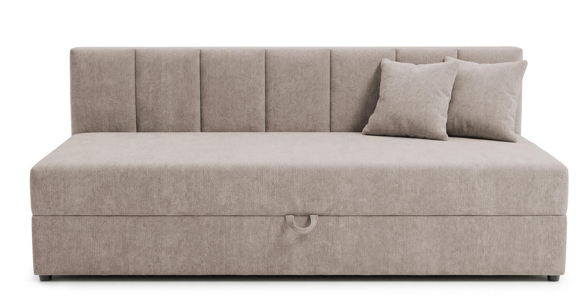TAGESBETT Lenny mit Rückenlehne und großem Bettkasten aus Taupe Chenille-Stoff - Taupe/Schwarz, Holz/Kunststoff (90/200cm) - S-Style Möbel
