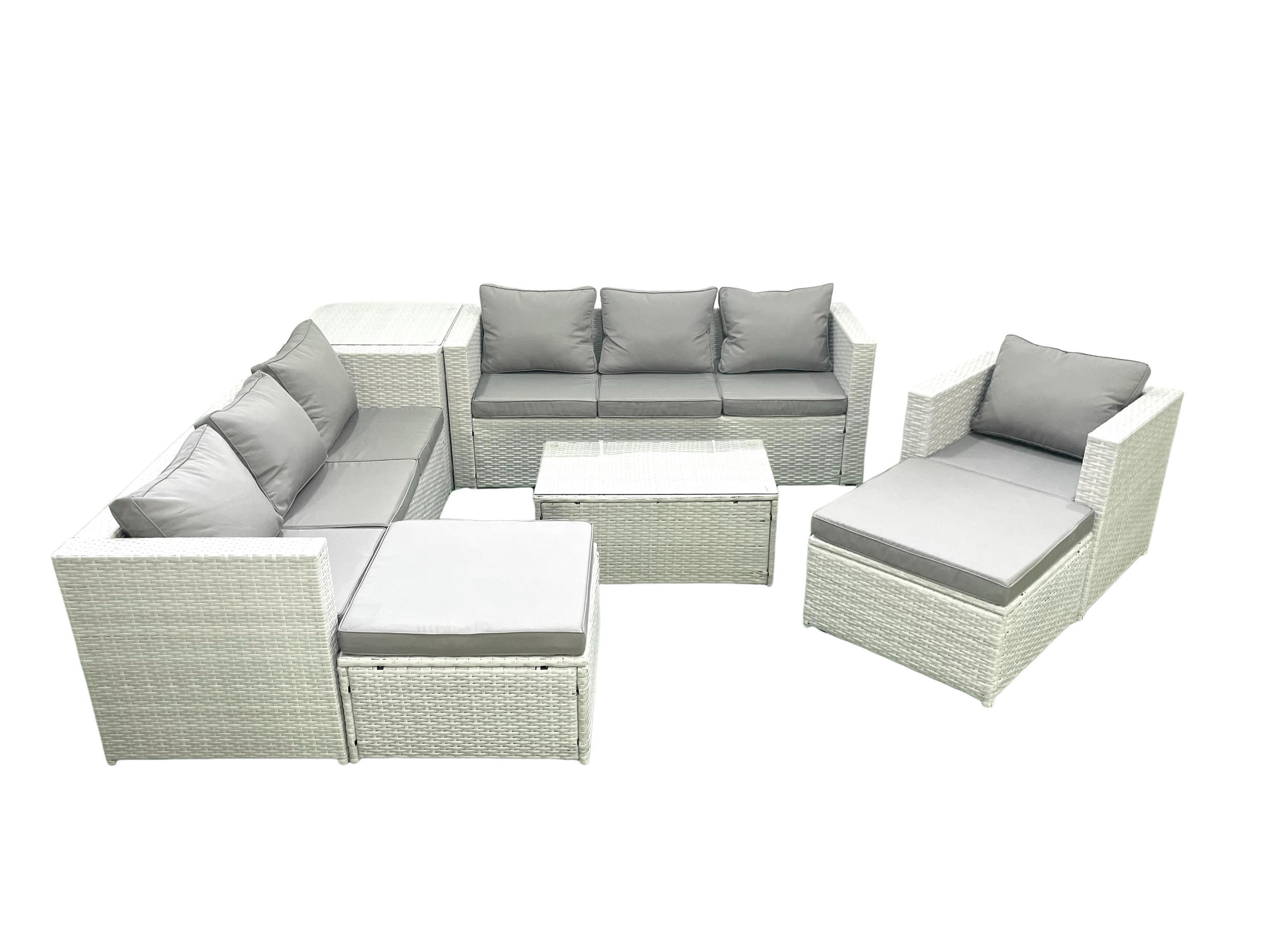 GARTENGARNITUR mit 3-SITZER SOFA,COUCHTISCH Polyrattan Hellgrau-Mix 9-Sitzer - Hellgrau/Grau, Glas/Kunststoff - Fimous