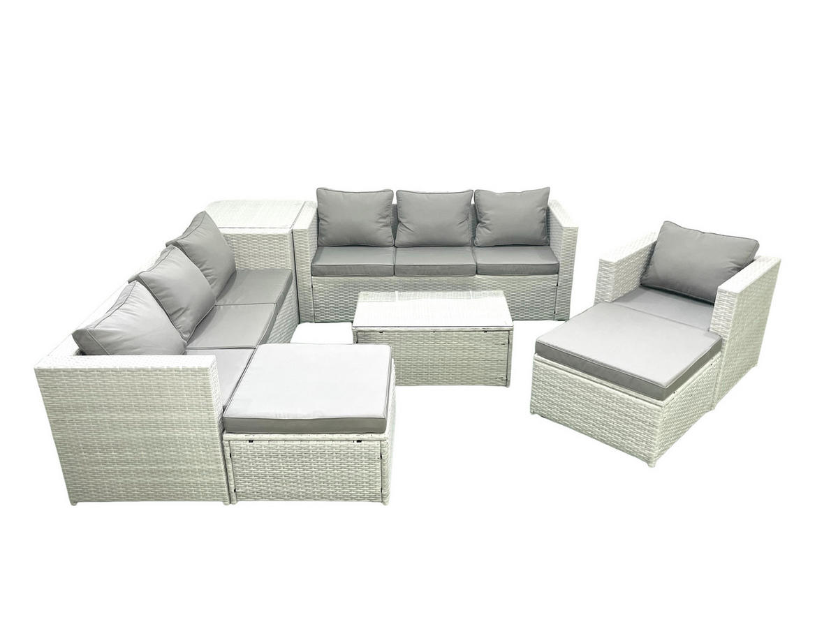 GARTENGARNITUR mit 3-SITZER SOFA,COUCHTISCH Polyrattan Hellgrau-Mix 9-Sitzer - Hellgrau/Grau, Glas/Kunststoff - Fimous