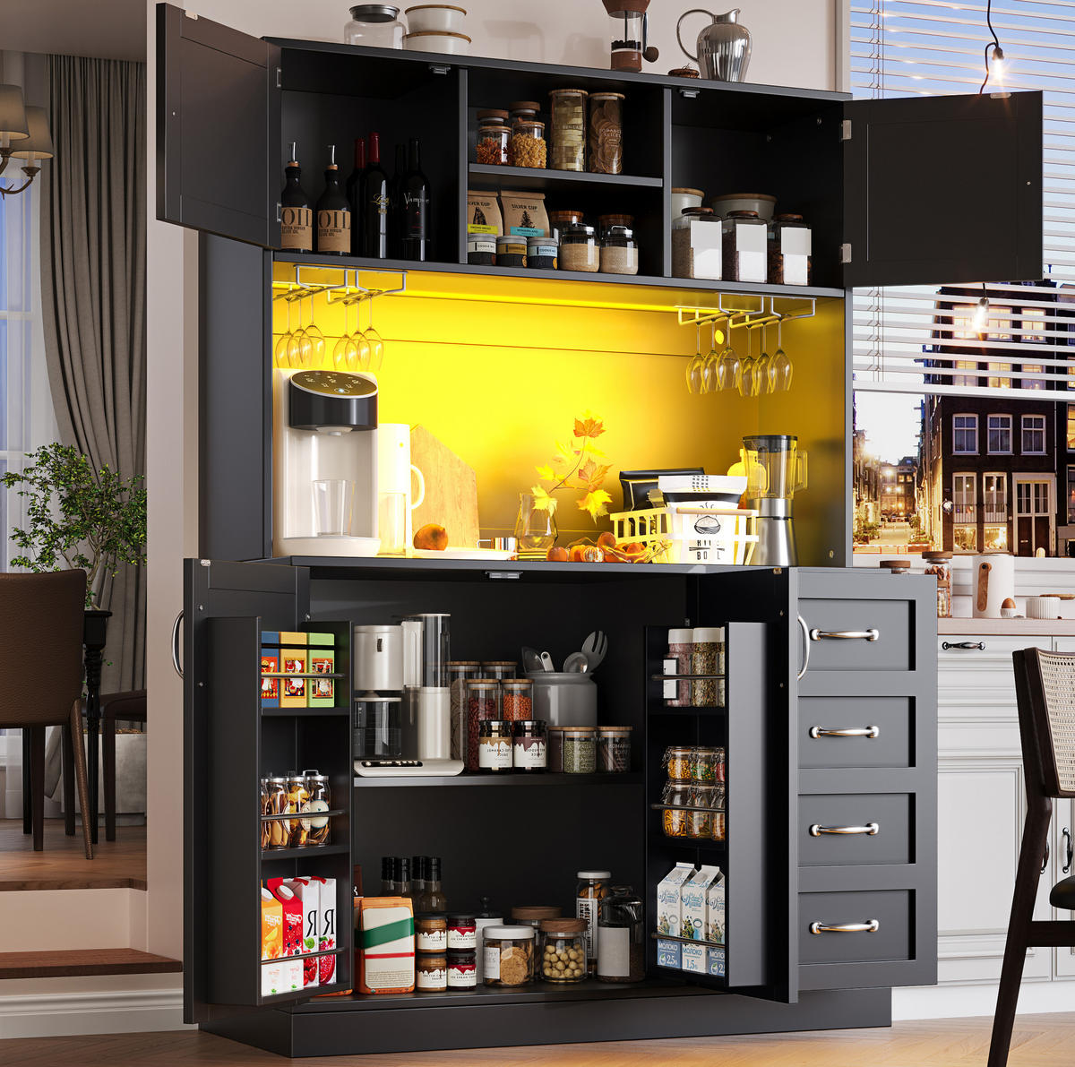 BUFFETSCHRANK 120/40/188 cm schwarz aus MDF mit LED-Beleuchtung - Schwarz, Holzwerkstoff (120/188/40cm) - OKWISH