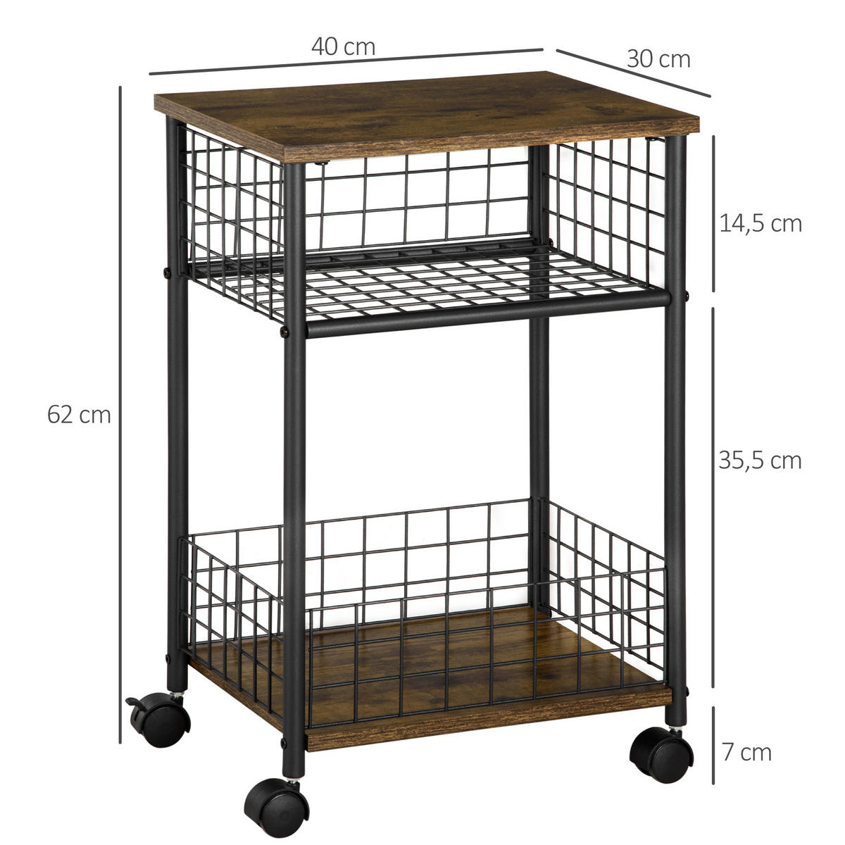 SERVIERWAGEN mit 3 Ebenen und Rollen 40/30/62 cm im Industrial-Look - Braun, Holzwerkstoff (40/62/30cm) - BEAOK