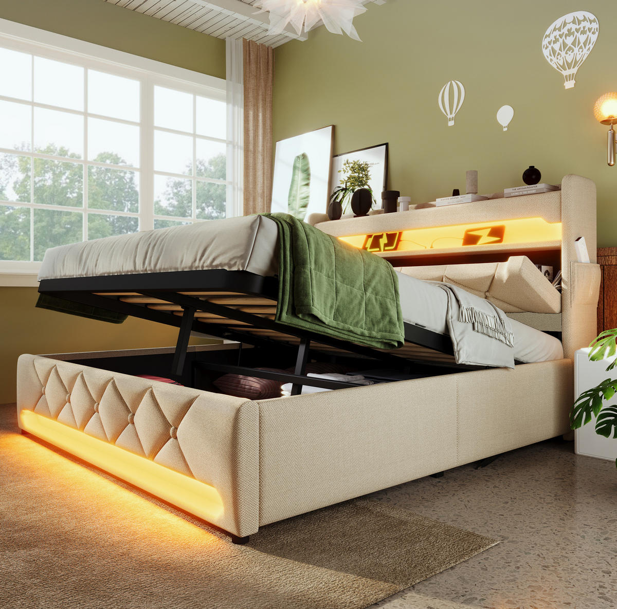 BETT mit Stauraum und LED 180x200 cm Leinen Beige - Beige, Metall (180/200cm) - Meubliv