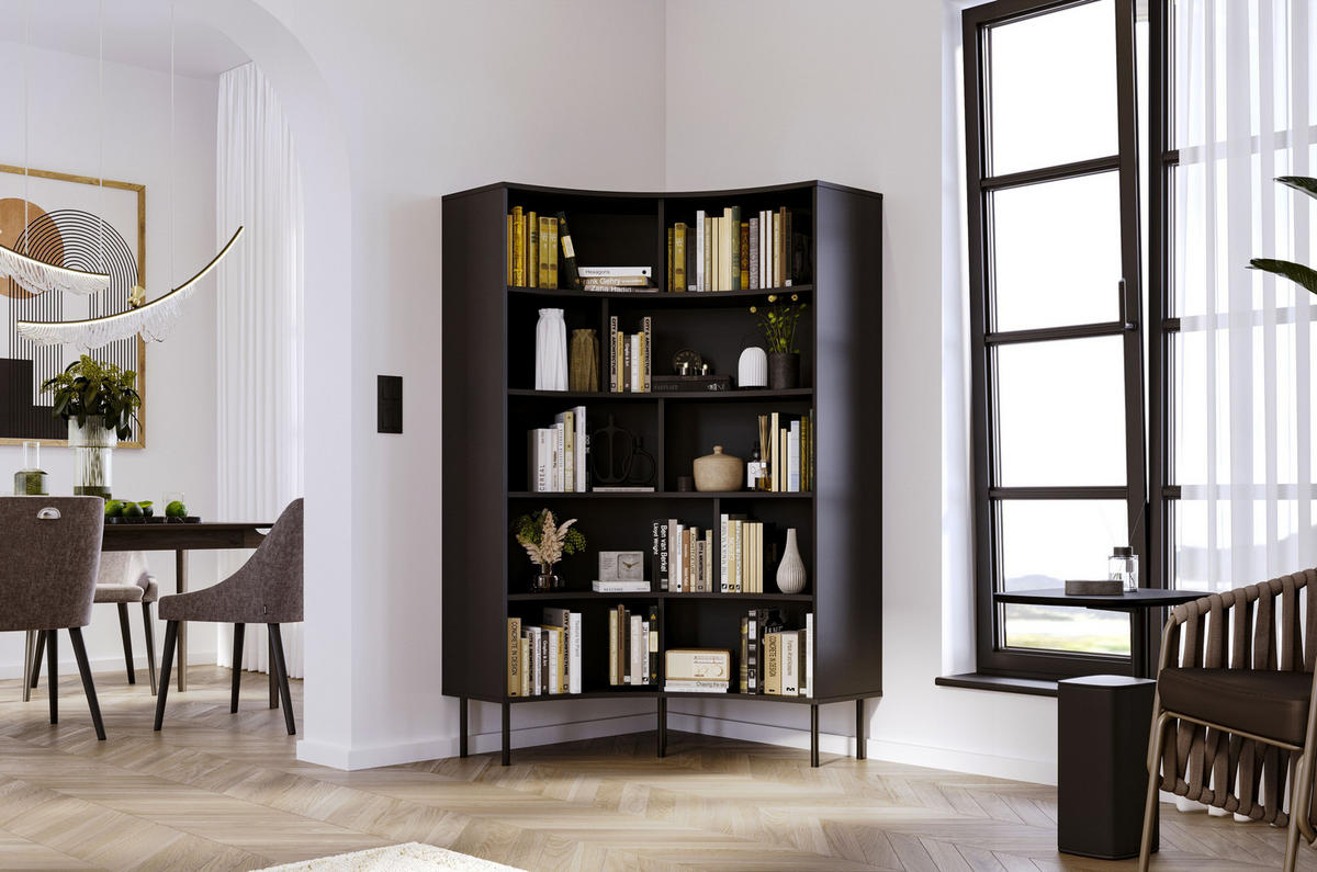 BÜCHERREGAL Horn, Schwarz, Bogenform, 10 Fächern - Schwarz, Holzwerkstoff/Metall (100/181/32cm) - Skandica