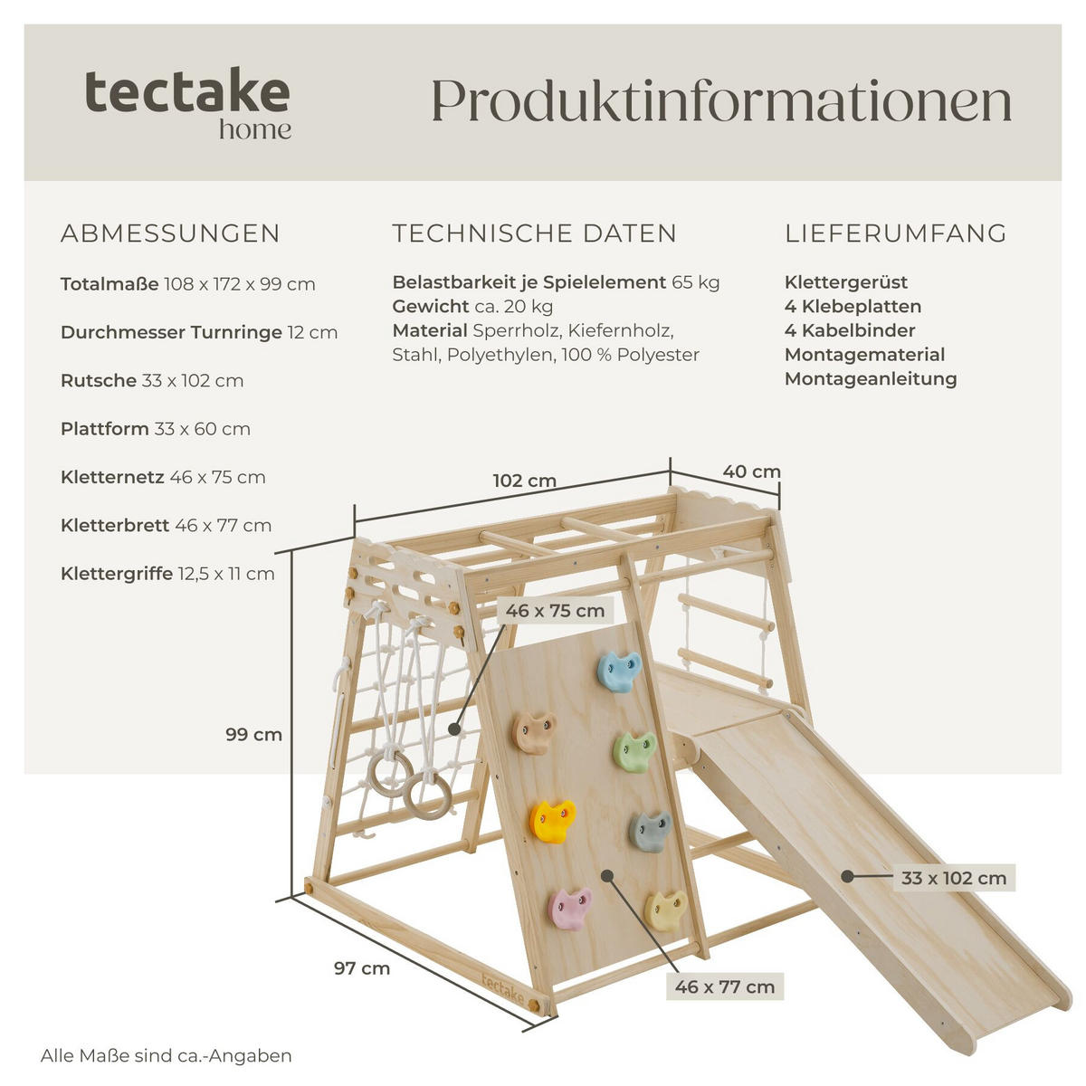KLETTERGERÜST Zugspitze, splitterfrei, abgerundete Ecken und Kanten, hellbraun - Hellbraun, Holz (108/99/172cm) - tectake