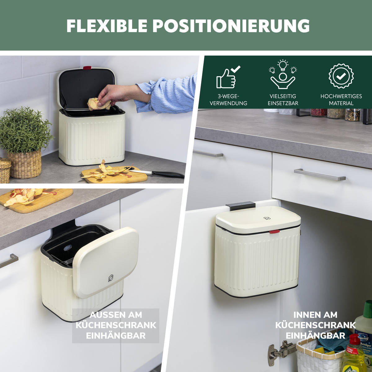 ABFALLEIMER, Metall cremefarben, 3 Liter - Creme, Metall (22.5/20/16.5cm) - eluno