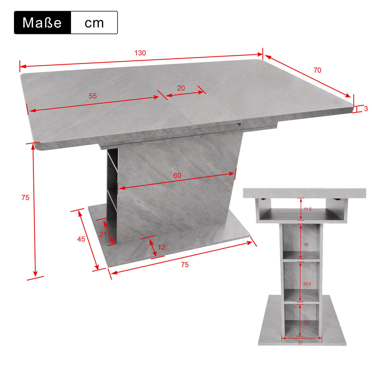 ESSTISCH 130/70/75 aus Spanplatte und Metall mit ausziehbarer Tischplatte und Stauraum - Grau, Holzwerkstoff (130/70/75cm) - OKWISH