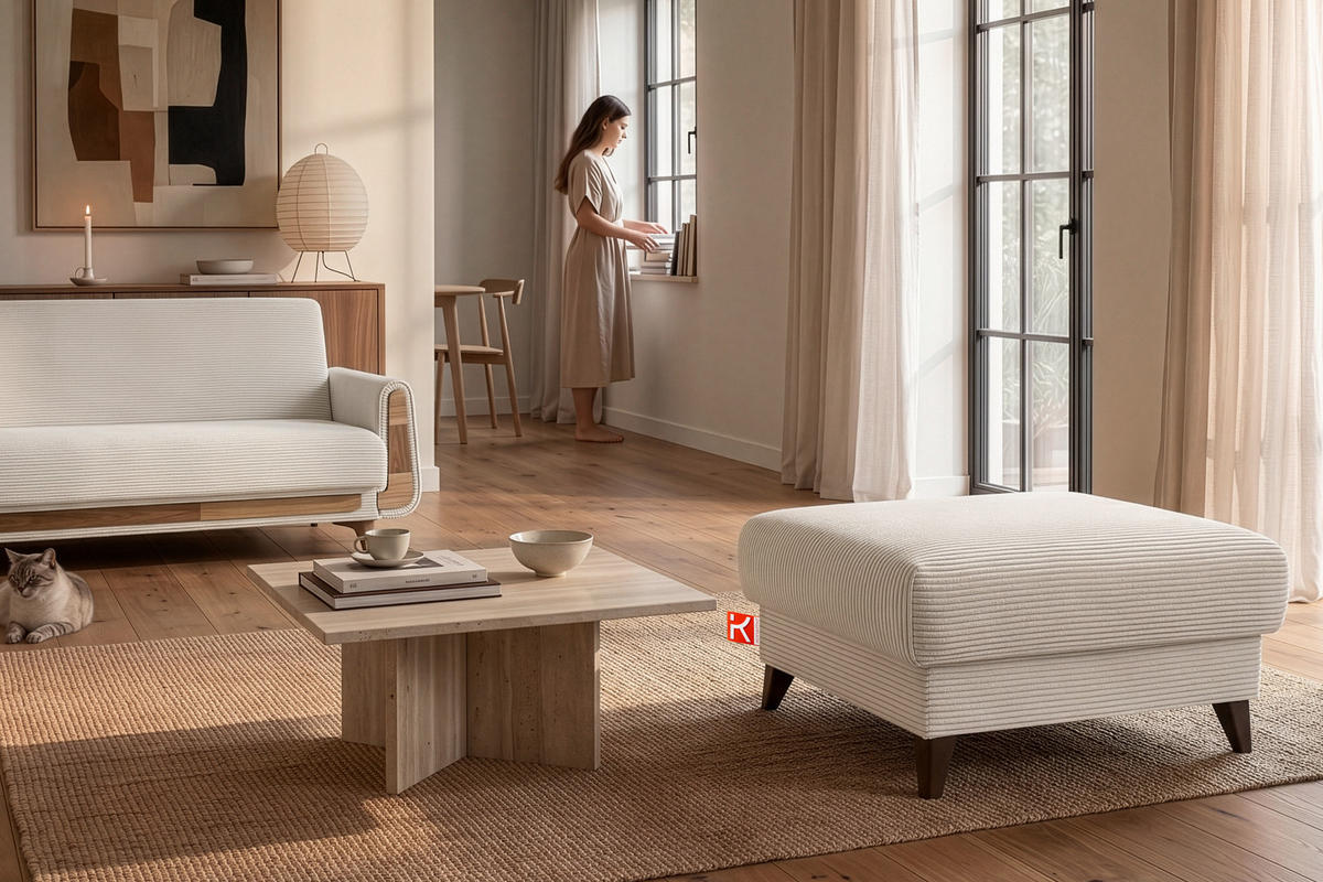 HOCKER GUSTAVO II, Cremefarbig - Creme/Braun, Holz/Holzwerkstoff (92/49/92cm) - KONSIMO®