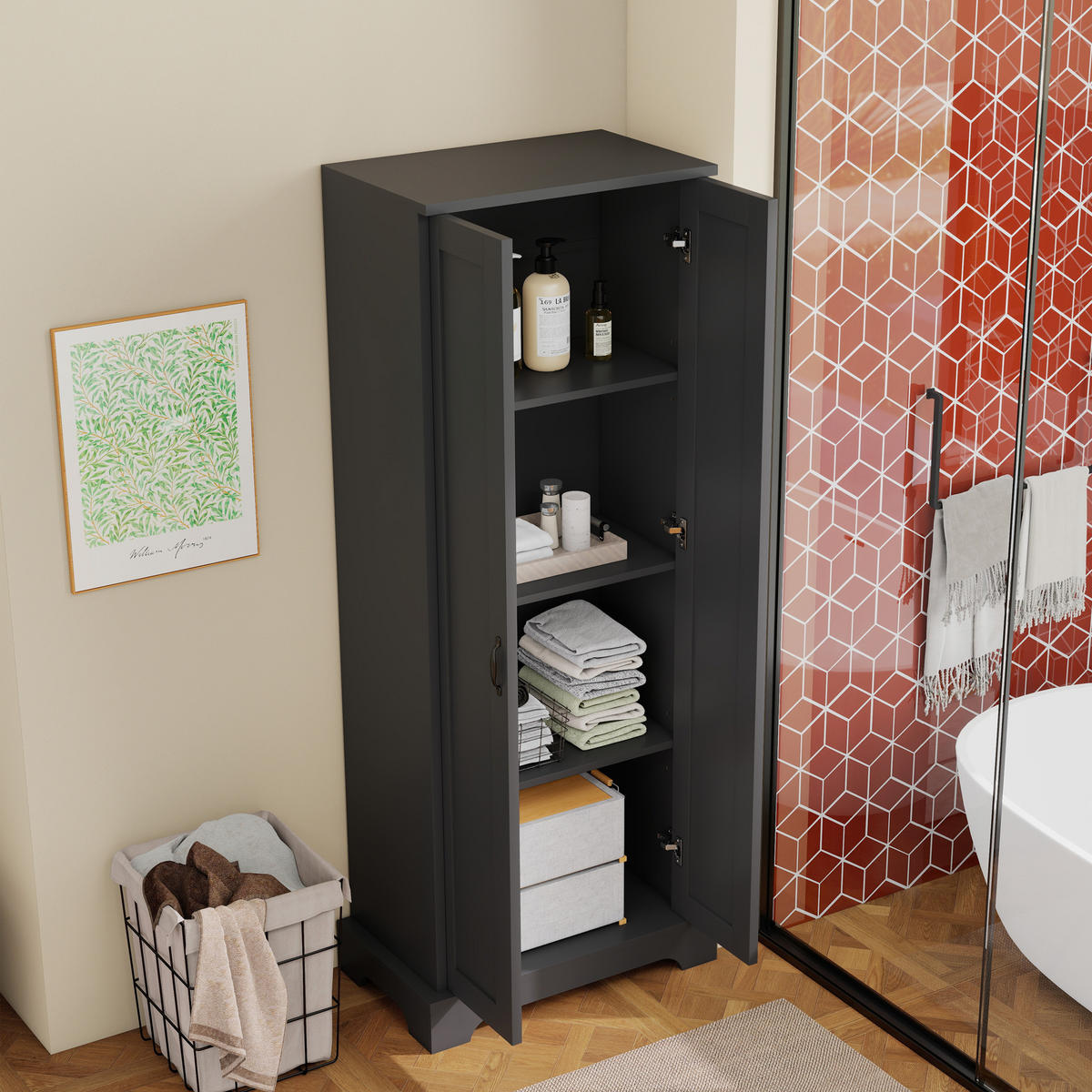 HOCHSCHRANK 56/40/170 cm Schwarz mit Doppeltüren und 4 Ablageflächen - Schwarz, Holz/Holzwerkstoff (40/170/56cm) - Oxeza