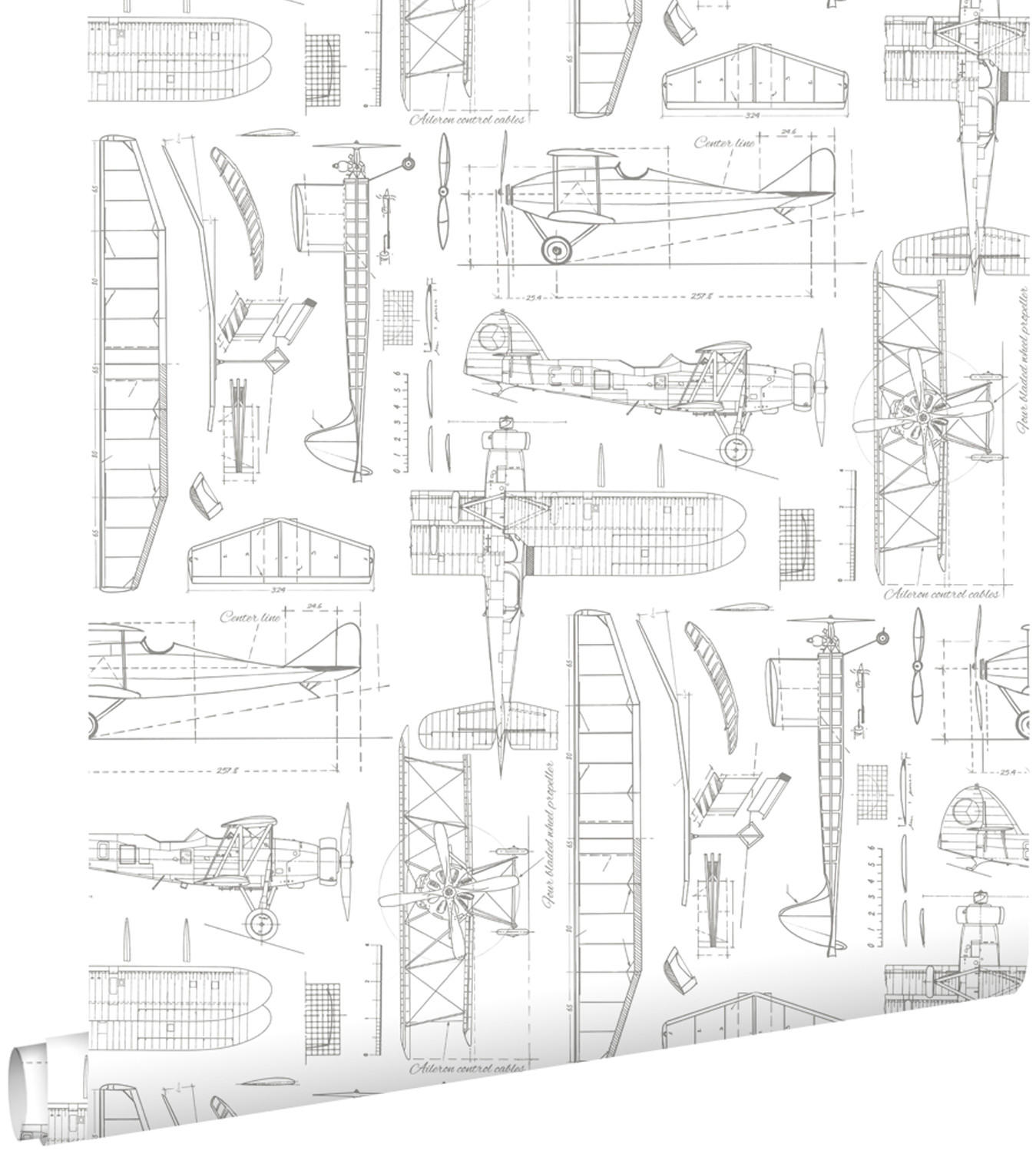 TAPETE Kontruktionszeichnungen von Flugzeugen 53 cm x 10.05 m - Weiß, Papier (53/1000cm) - ESTAhome