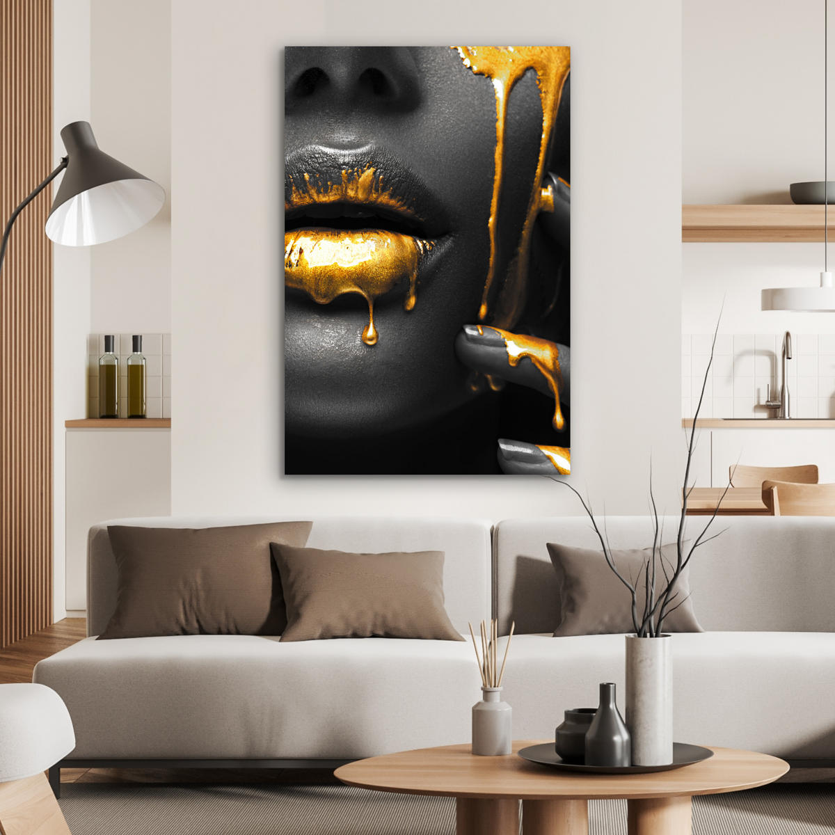 METALLBILD Frau - Schwarz - Gold - Gesicht - Lippen 60x90 cm - Goldfarben, Metall (60/90cm) - MuchoWow