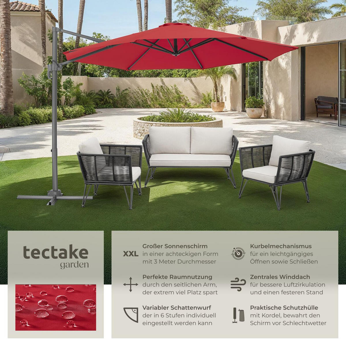SONNENSCHIRM Daria,UV-Schutz 50+, inklusive Schutzhülle,weinrot - Bordeaux, Metall (300/372cm) - tectake