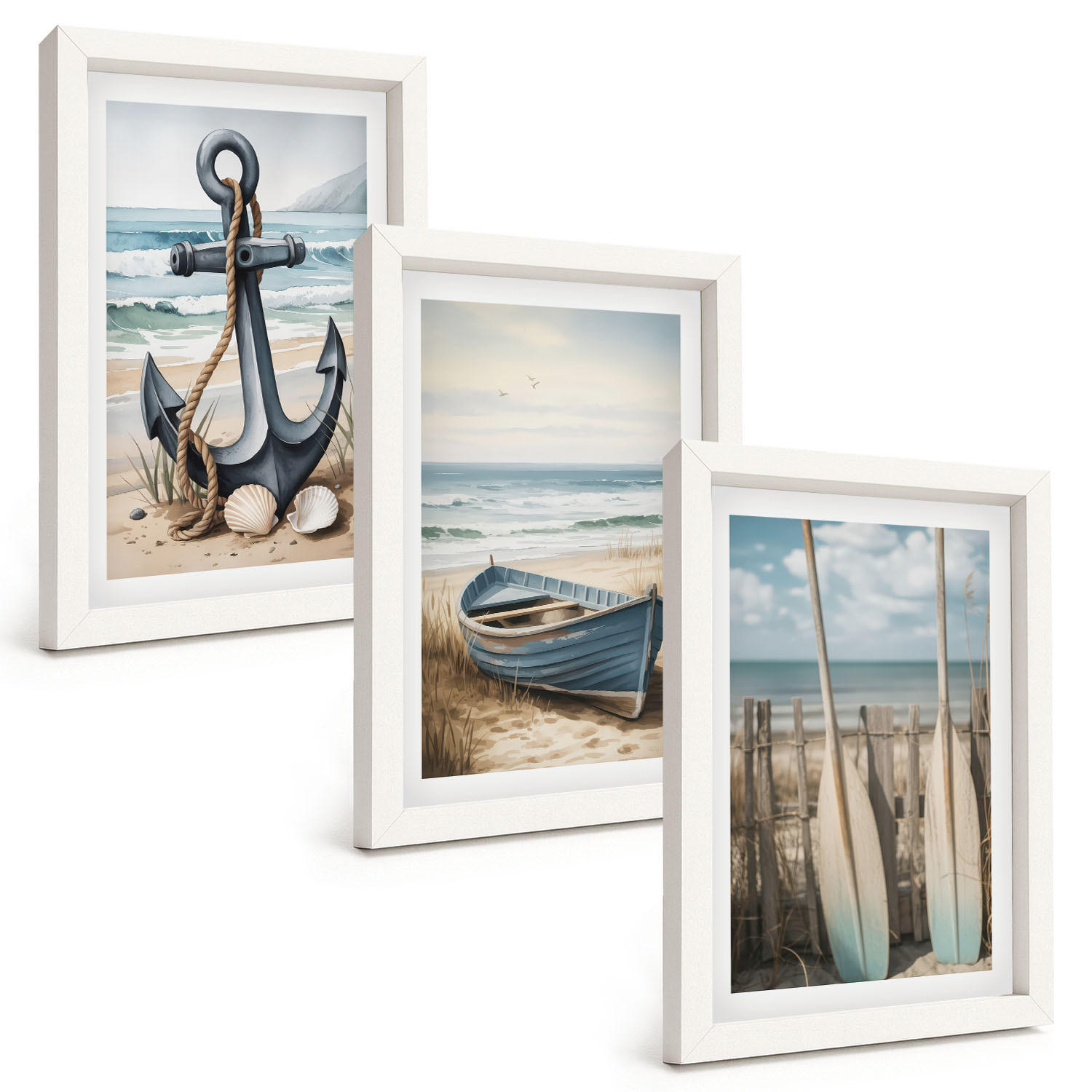BILDER SET 3er Set - 20x30 cm Weißer Rahmen - Anker, Boot, Ruder, Strand - Weiß, Kunststoff (20/30cm) - TULUP