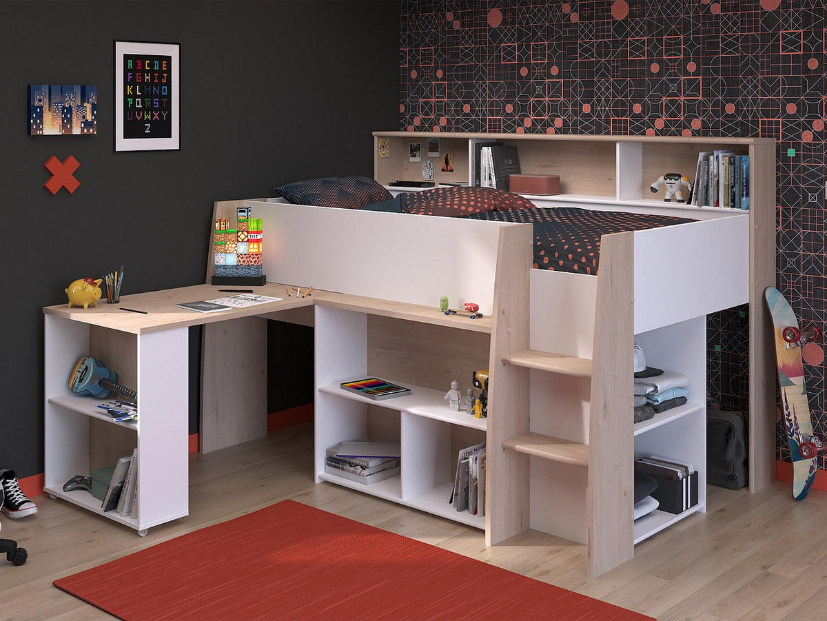 HOCHBETT Lucas 2 in Japanische Eiche - Weiß 90 x 200 cm - Eichefarben/Weiß, Holz (90/200cm) - Parisot Meuble