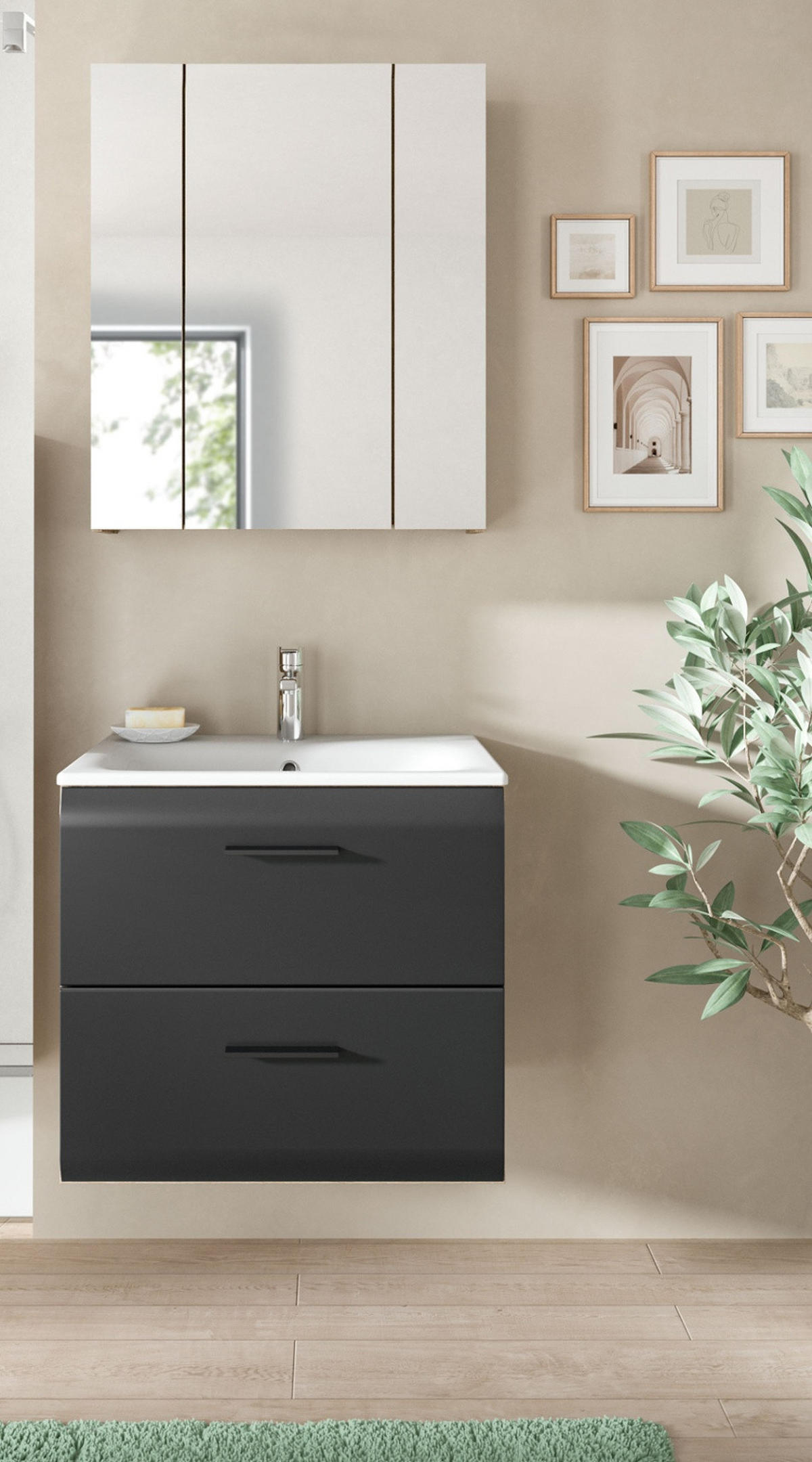 BADMÖBEL Set 2-teilig in schwarz matt und Nox Eiche Badkombination 60 x 185 cm Cover - Eichefarben/Schwarz, Glas/Holz (60/185/46cm) - Inn.Furn