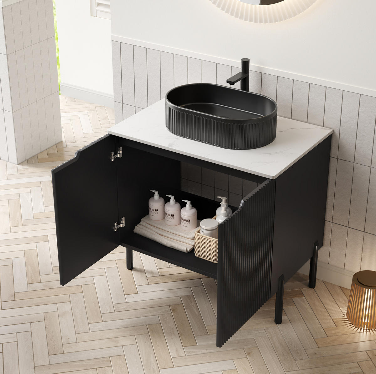 WASCHTISCHKOMBI 76/48/88 cm schwarz aus Keramik, MDF und Sinterstein mit Soft-Close-Türen - Schwarz, Keramik (76/88/48cm) - OKWISH