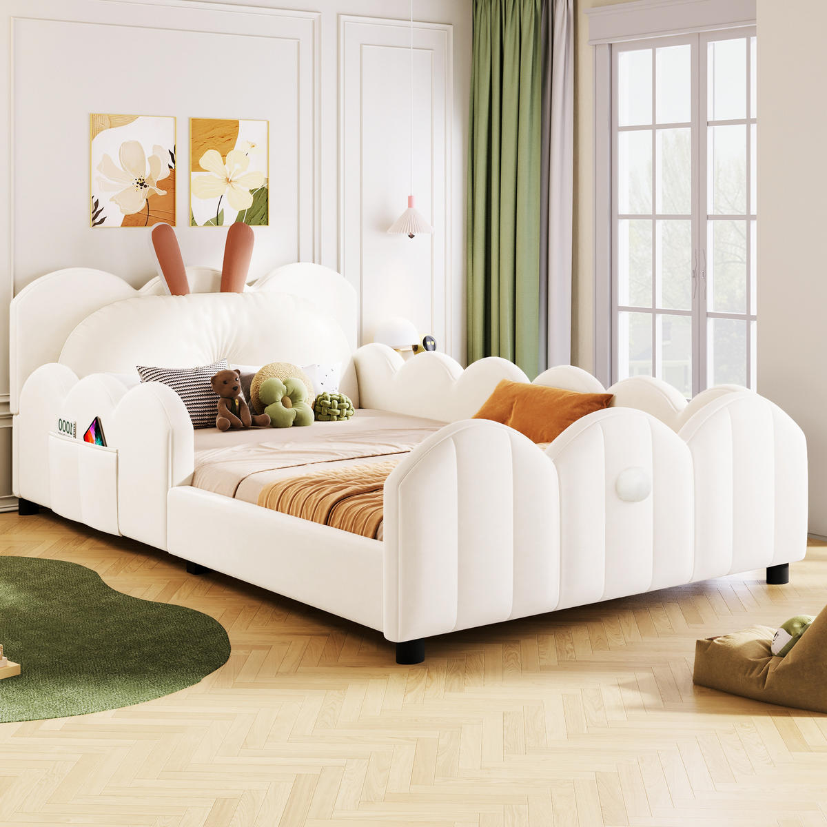 KINDERBETT 90/200 cm in Beige Samt mit Schutzgeländern und Kaninchen-Kopfteil - Beige/Schwarz, Holzwerkstoff/Textil - STILVORA