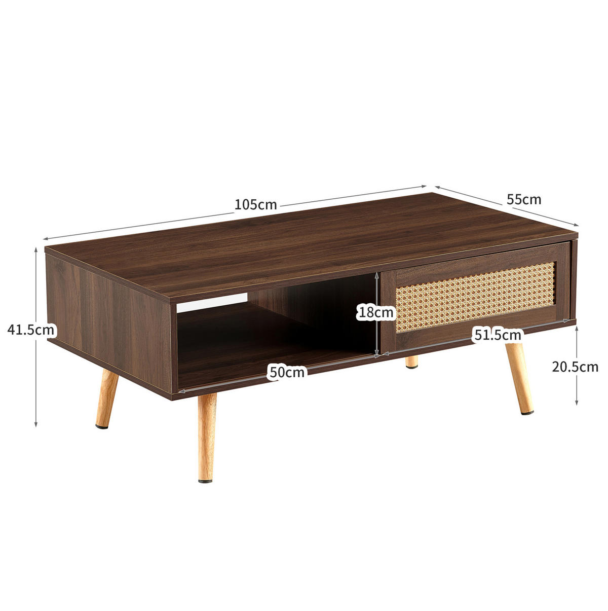 KONFERENČNÍ stolek z MDF a ratanu, 105/55/40 cm hnědý, s posuvnými dvířky - hnědá, kompozitní dřevo (105/55/40cm) - BEAOK