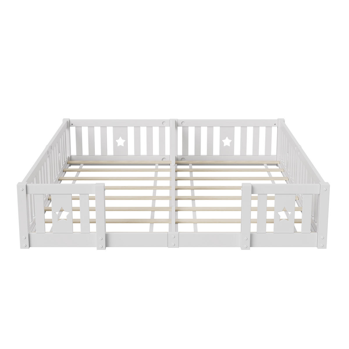 BODENBETT 90x200cm für 2 Kinder mit Rausfallschutz & Sternen-Design, weiß, mit Lattenrost - Weiß, Holz - BursDany
