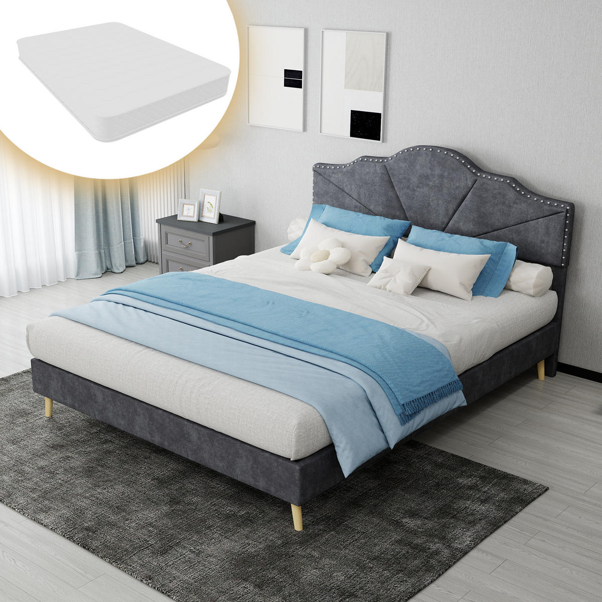 POLSTERBETT 140/200 cm DE-32963 mit Kopfteil und Matratze Grau - Grau, Metall (140/200cm) - ComfortXL