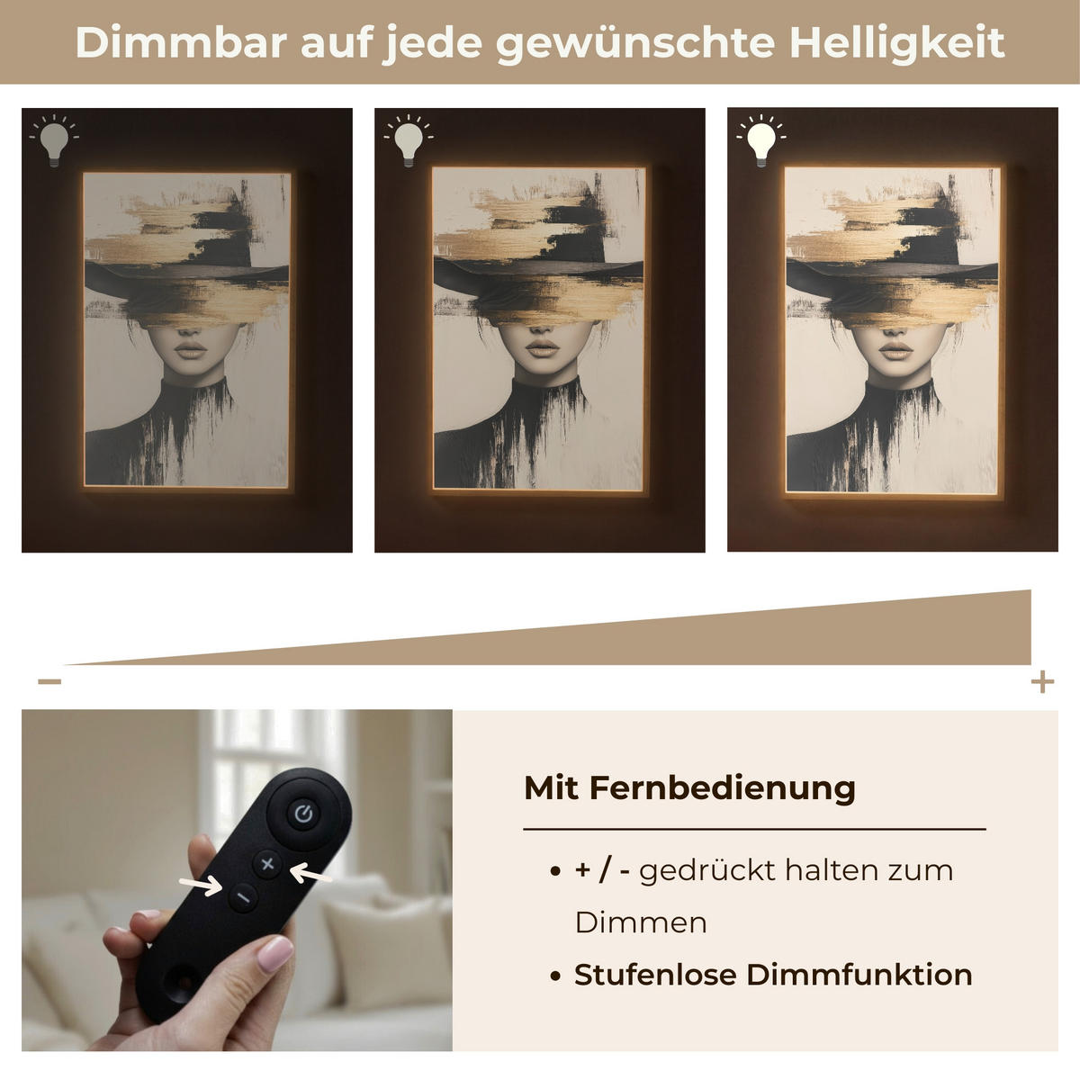 NÁSTĚNNÁ LAMPA S AKUMULÁTOREM Žena - klobouk - barva 70x100 cm - krémová, kompozitní dřevo (70/100/8cm) - OnlyWow