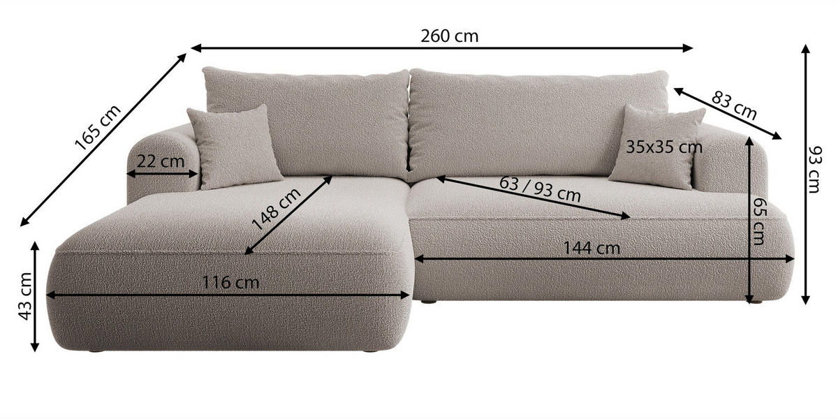 ECKSOFA Ovo Hellgrau Webstoff-Bezug - Hellgrau/Schwarz, Kunststoff/Textil (260/165cm) - Selsey