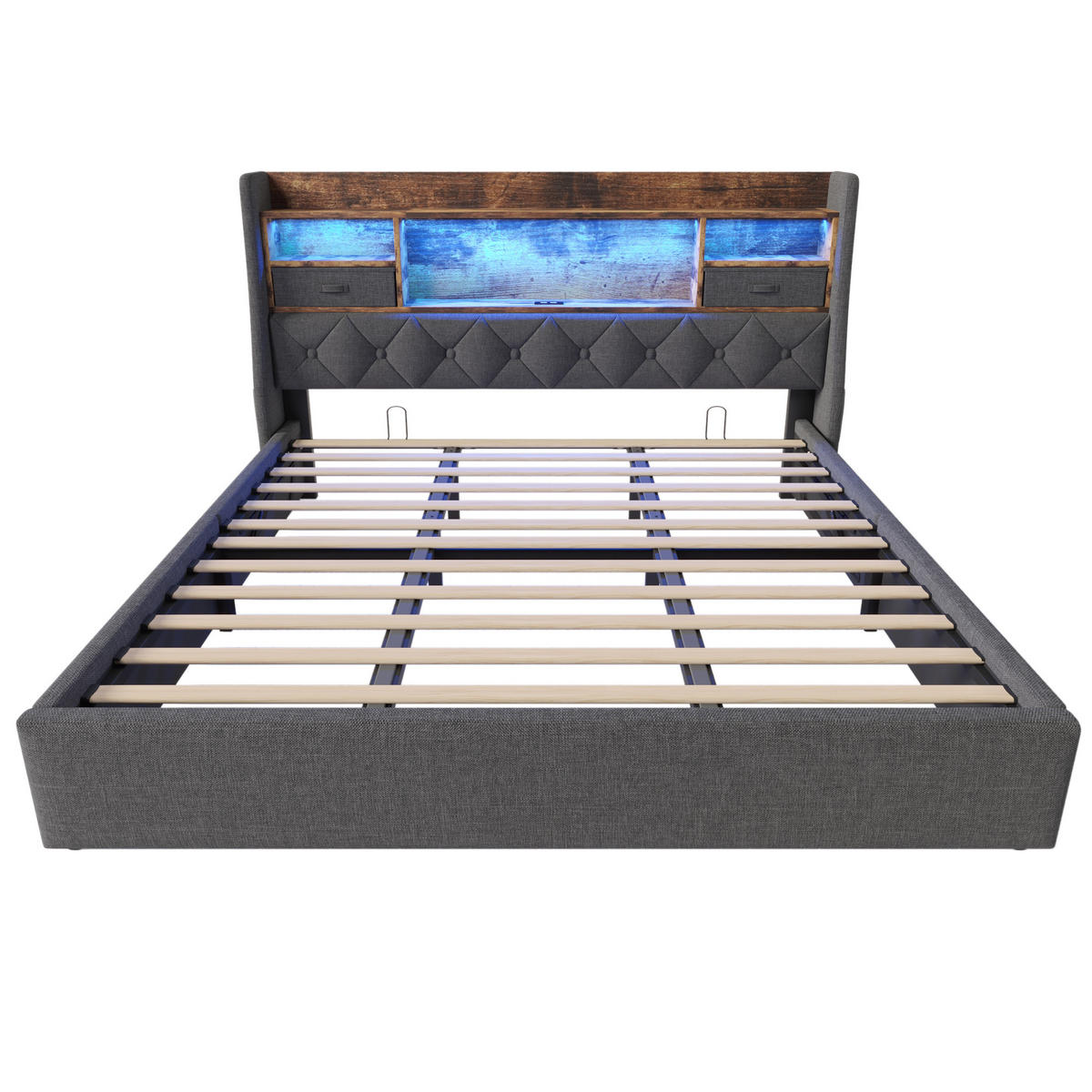 POLSTERBETT 180/200 cm mit LED, USB/Type-C und hydraulischem Bettkasten, Leinenstoff Grau - Grau, Textil (180/200cm) - Redom