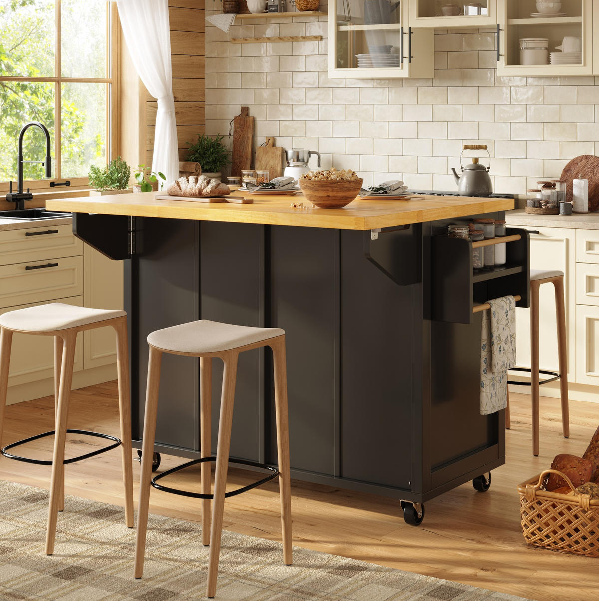 KÜCHENWAGEN aus MDF mit ausziehbarer Platte & Rollen, 140/45/73/93,5 cm, Schwarz - Schwarz, Holzwerkstoff (140/93.5/45cm) - Redom