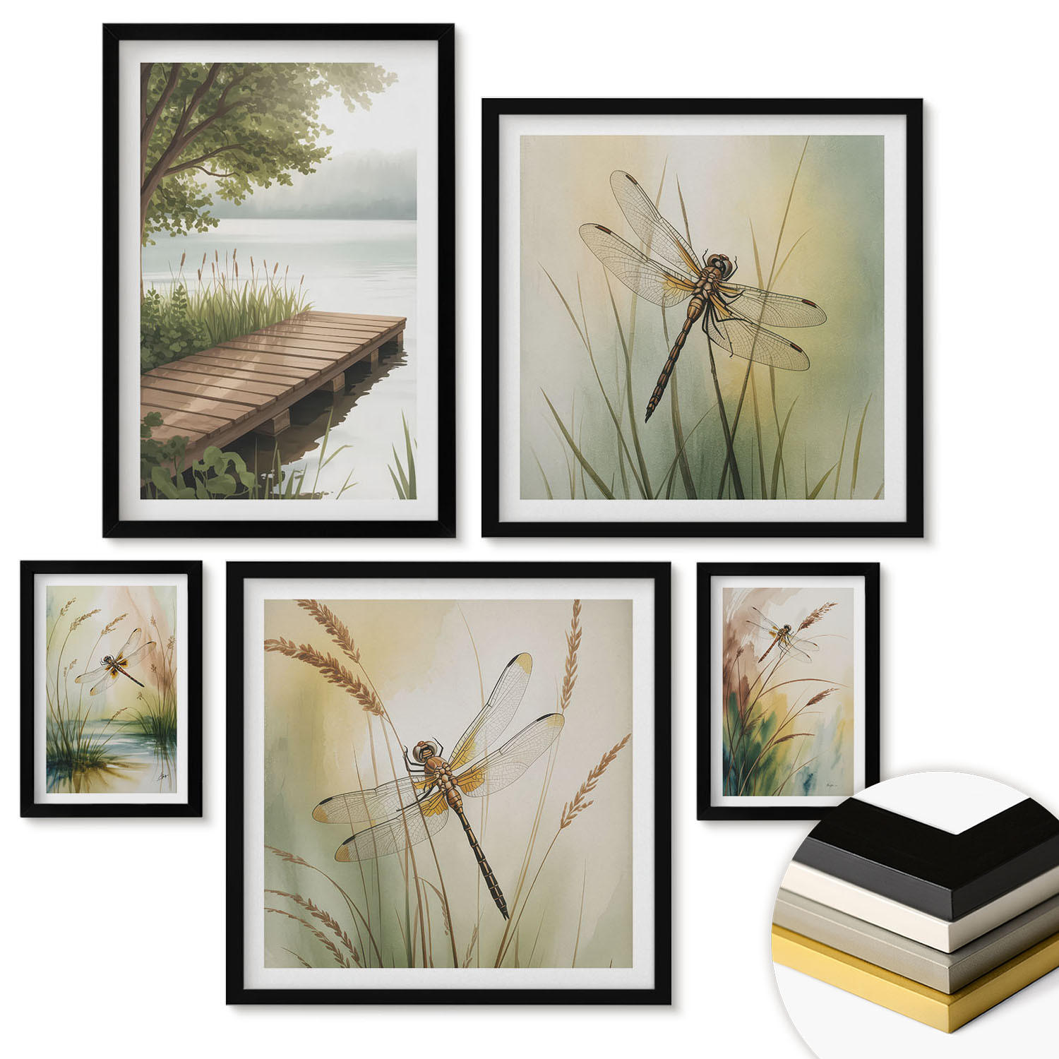 WANDBILDER 5er-Set - 50x50 cm & 20x30 cm & 40x60 cm Schwarzer Rahmen - Libellengräser über dem Wasser - Schwarz, Kunststoff (40/60cm) - ArtPrintCave