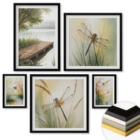 WANDBILDER 5er-Set - 50x50 cm & 20x30 cm & 40x60 cm Schwarzer Rahmen - Libellengräser über dem Wasser - Schwarz, Kunststoff (40/60cm) - ArtPrintCave