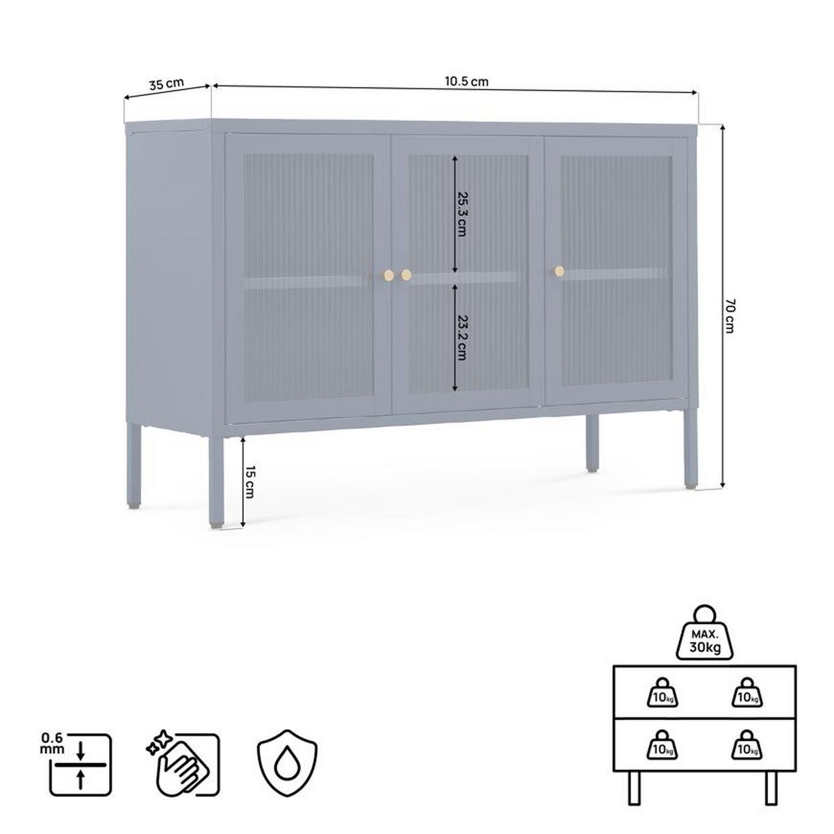 TV-LOWBOARD Industrielles aus nachtblauem Metall, 105 cm, 3 Türen aus gehärtetem Glas - CALEB - Blau, Metall (105/70/35cm) - Sicaan
