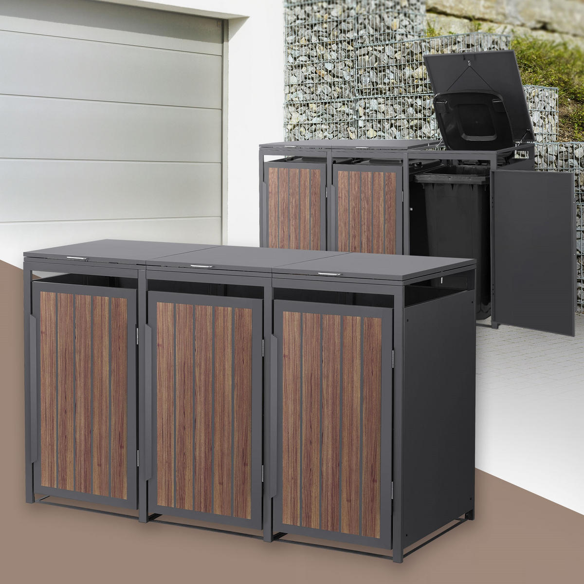 MÜLLTONNENBOX 3er 240L 196x80x120 cm Anthrazit-Eiche dunkel aus Stahl - Dunkelbraun, Metall (80/120/196cm) - ML-DESIGN