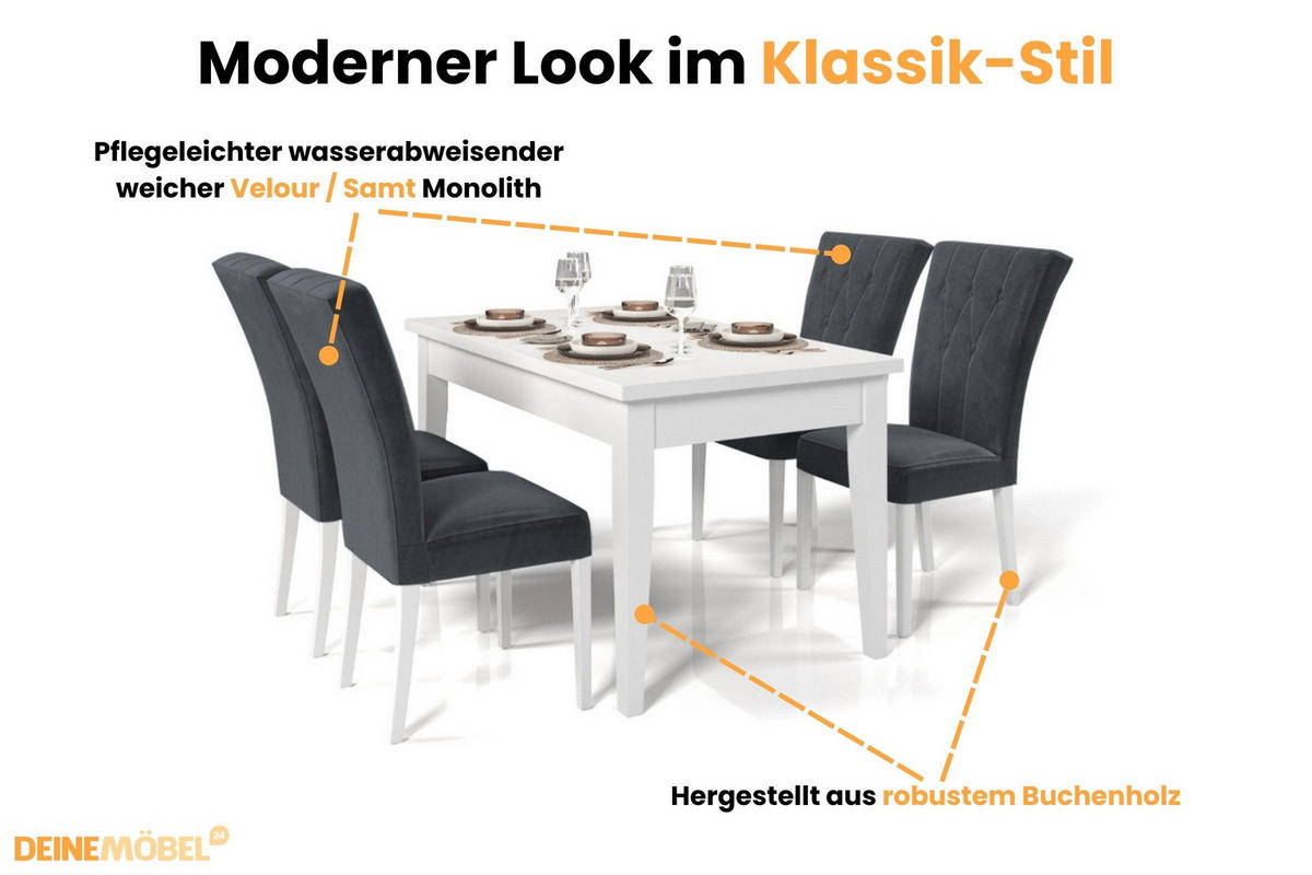 TISCHGRUPPE DAKOTA 140/80 cm in Weiß mit 4 Stühlen in Graphit - Graphitfarben/Weiß, Holz/Holzwerkstoff (80/77/140cm) - Deine Möbel 24