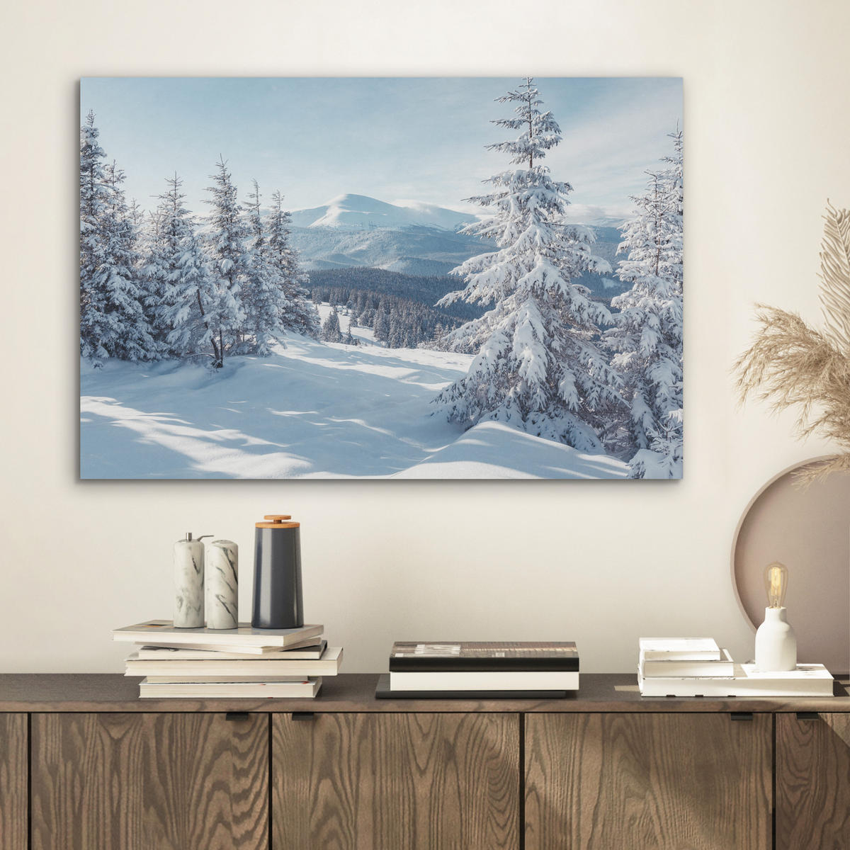 AKUSTIKBILD Winterlandschaft - Natur - Berge - Bäume - Schnee Wanddeko 70x50 cm - Hellblau, Kunststoff (70/50/0.9cm) - MuchoWow