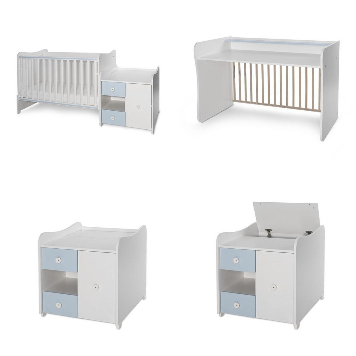 BABYBETT Mini Max 3 in 1 weiß blau 120 x 60 cm, Jugendbett 190 x 72 cm, Wickelkommode, Schaukelfunktion - Blau, Holzwerkstoff (72/190cm) - Lorelli