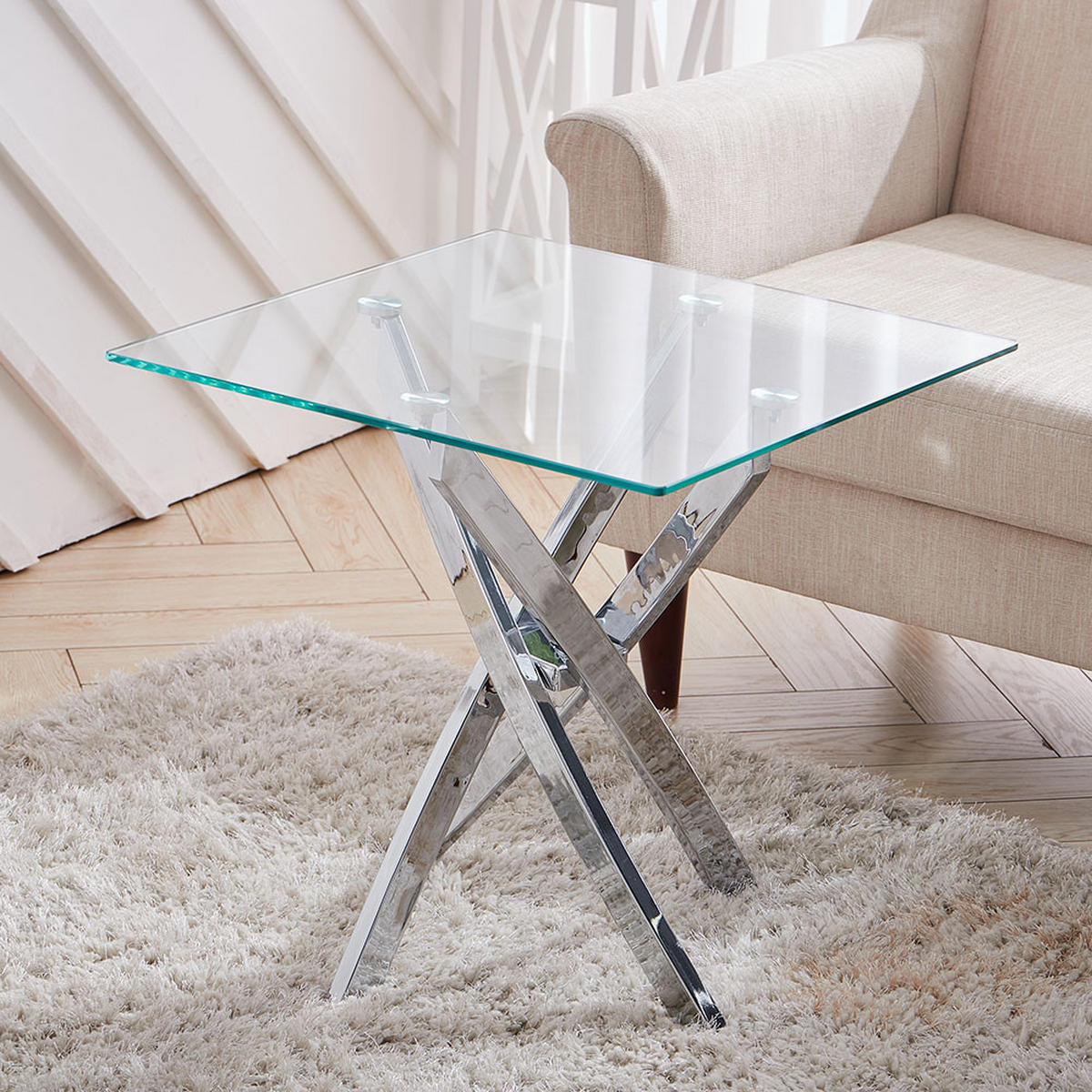 BEISTELLTISCH aus Glas mit Metalbeine Quadratisch 55 x 55 x 55 cm - Transparent, Glas (55/55/55cm) - Livingandhome