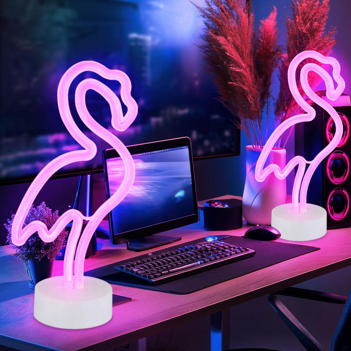 LED TISCHLEUCHTE Flamingo Weiß 2er Set - Weiß, Kunststoff (14.5/10/33cm) - Globo Lighting