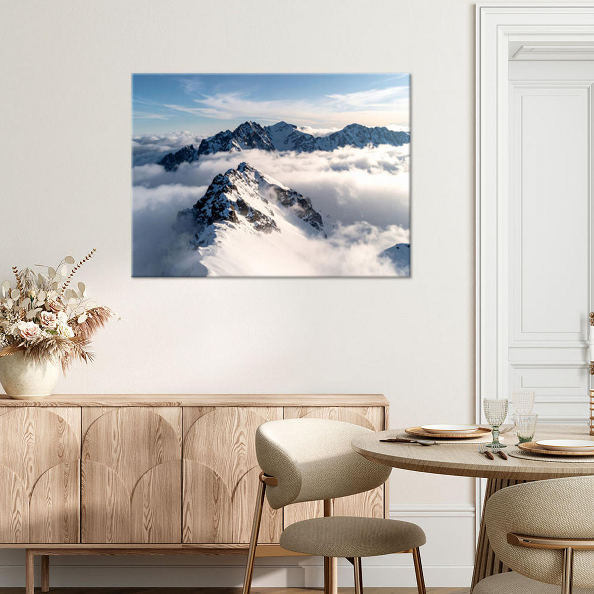 LEINWANDBILD Schneebedeckte Berggipfel Panorama 120x80cm - Weiß, Textil (120/80cm) - Feeby