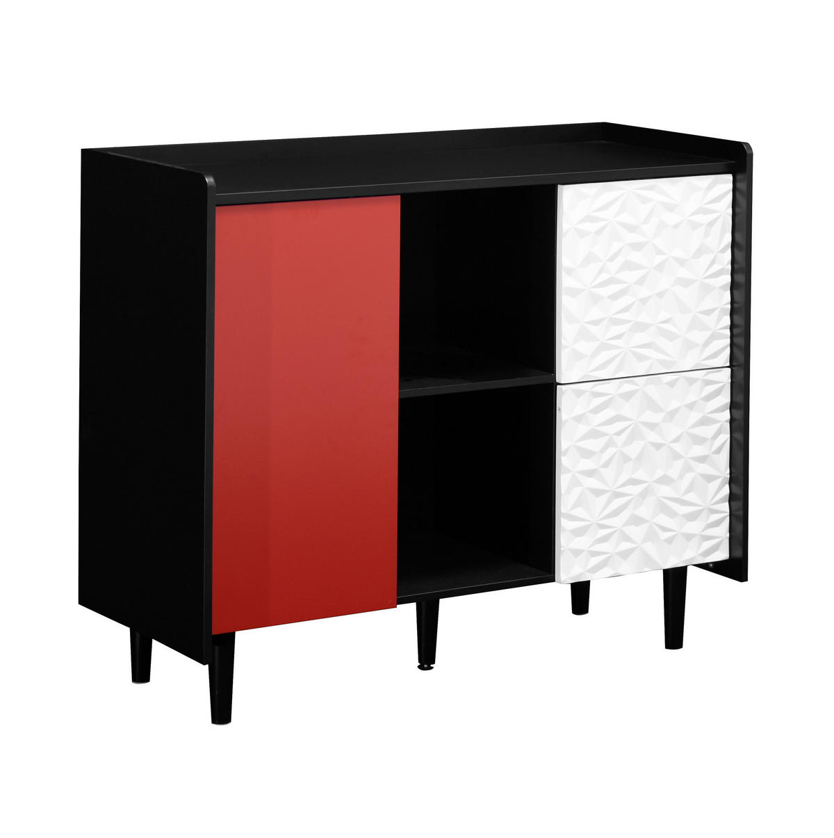 SIDEBOARD 90/40/80 cm schwarz-rot aus MDF mit 2 Schubladen und offenen Fächern - Schwarz, Holzwerkstoff (90/80/40cm) - OKWISH