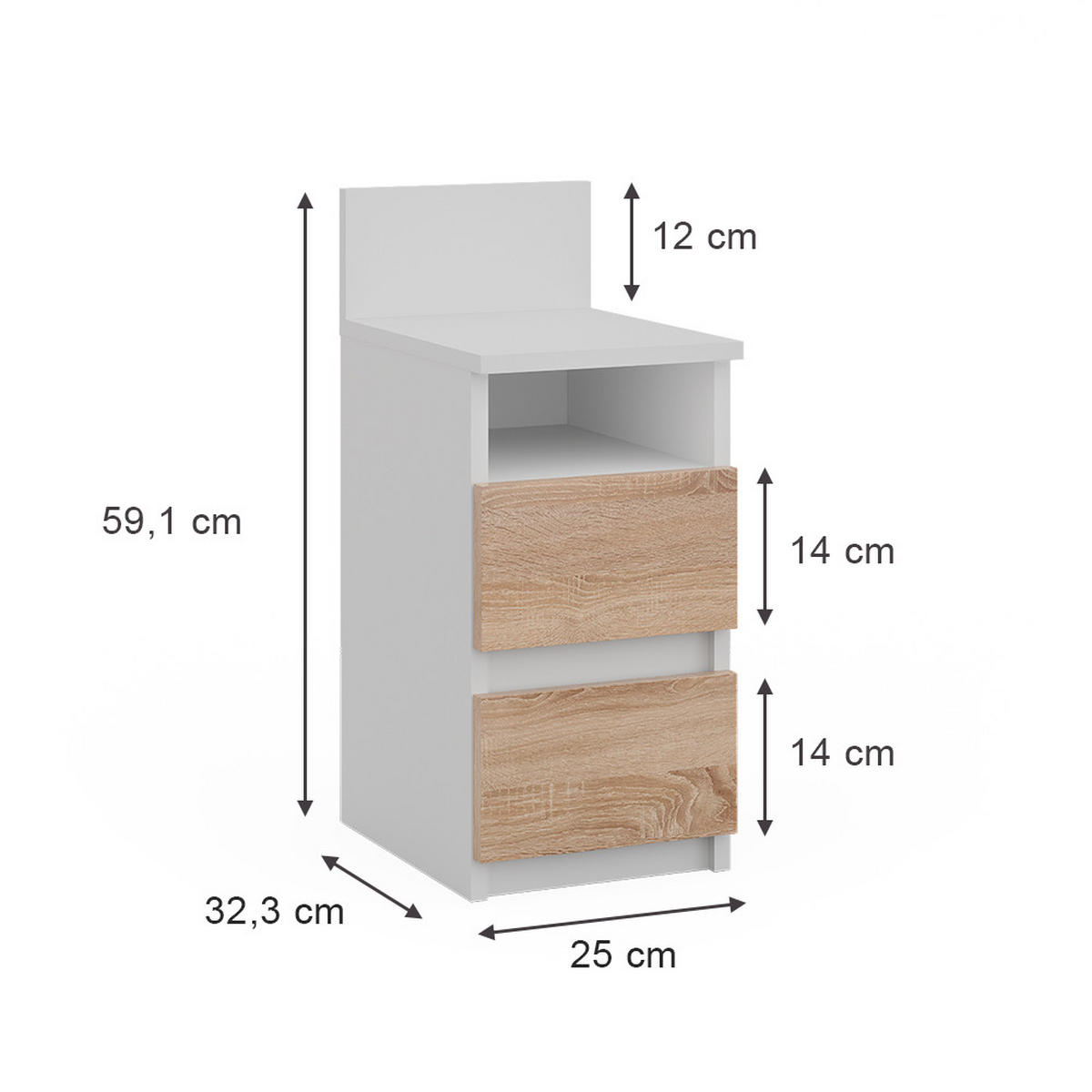 NACHTTISCH Monty Weiß/Sonoma 25 x 59.1 cm mit 2 Schubladen - Weiß/Sonoma Eiche, Holzwerkstoff (25/59.1/32.3cm) - Vicco