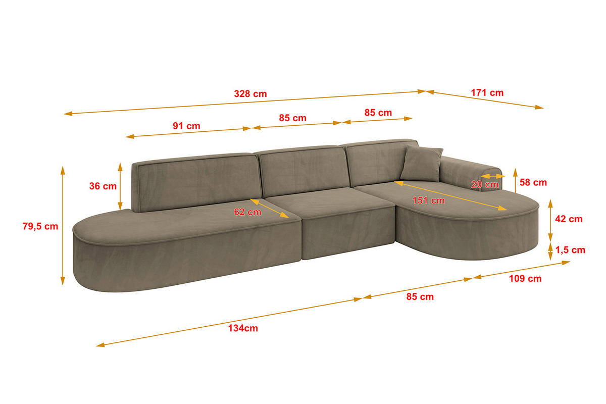 ECKSOFA Ottomane Rechts MARI-L2 - 328x171x79 cm Dunkelbraun Velours - Dunkelbraun/Schwarz, Holzwerkstoff/Kunststoff (171/328cm) - ALTDECOR
