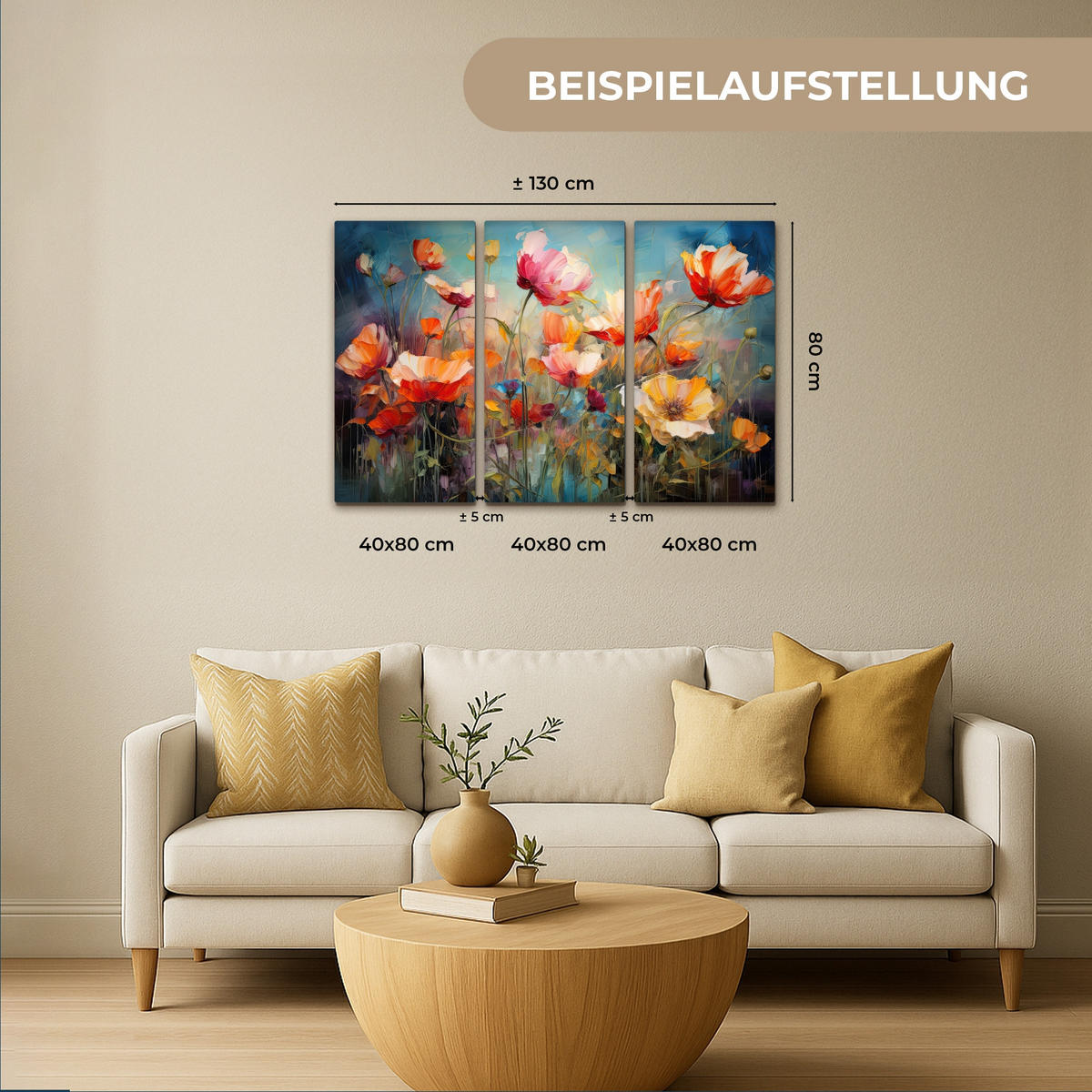 LEINWANDBILD 3er Set Blumen - Bunt - Abstrakt 120x80 cm - Blaugrau, Textil (120/80cm) - MuchoWow