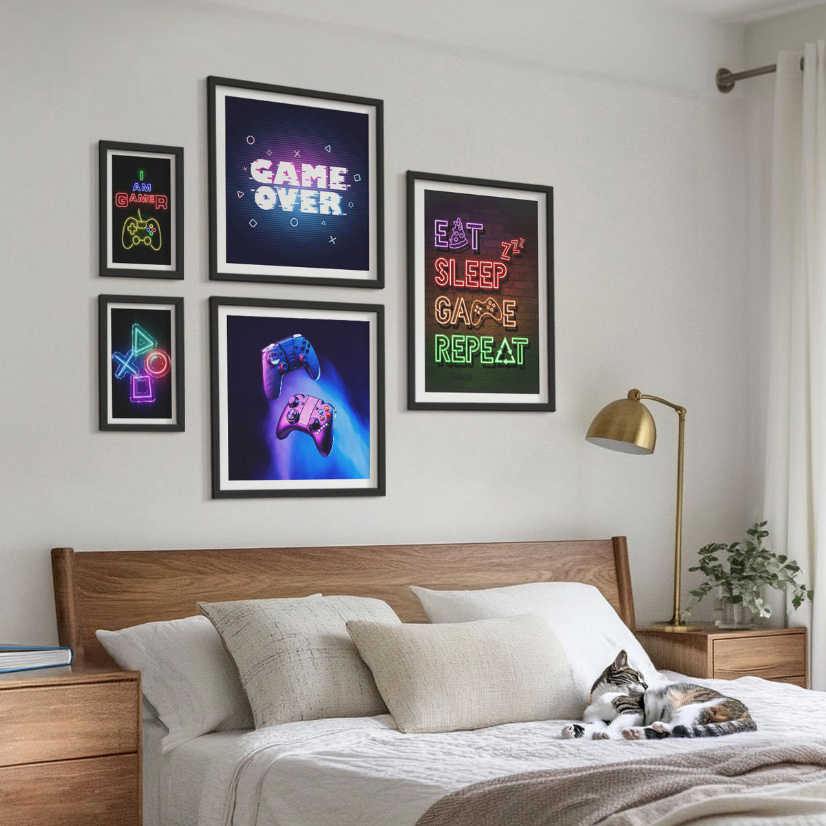 WANDBILDER 5er-Set - 50x50 cm & 20x30 cm & 40x60 cm Schwarzer Rahmen - Gamepads, Spielersymbol-Untertitel - Schwarz, Kunststoff (40/60cm) - ArtPrintCave