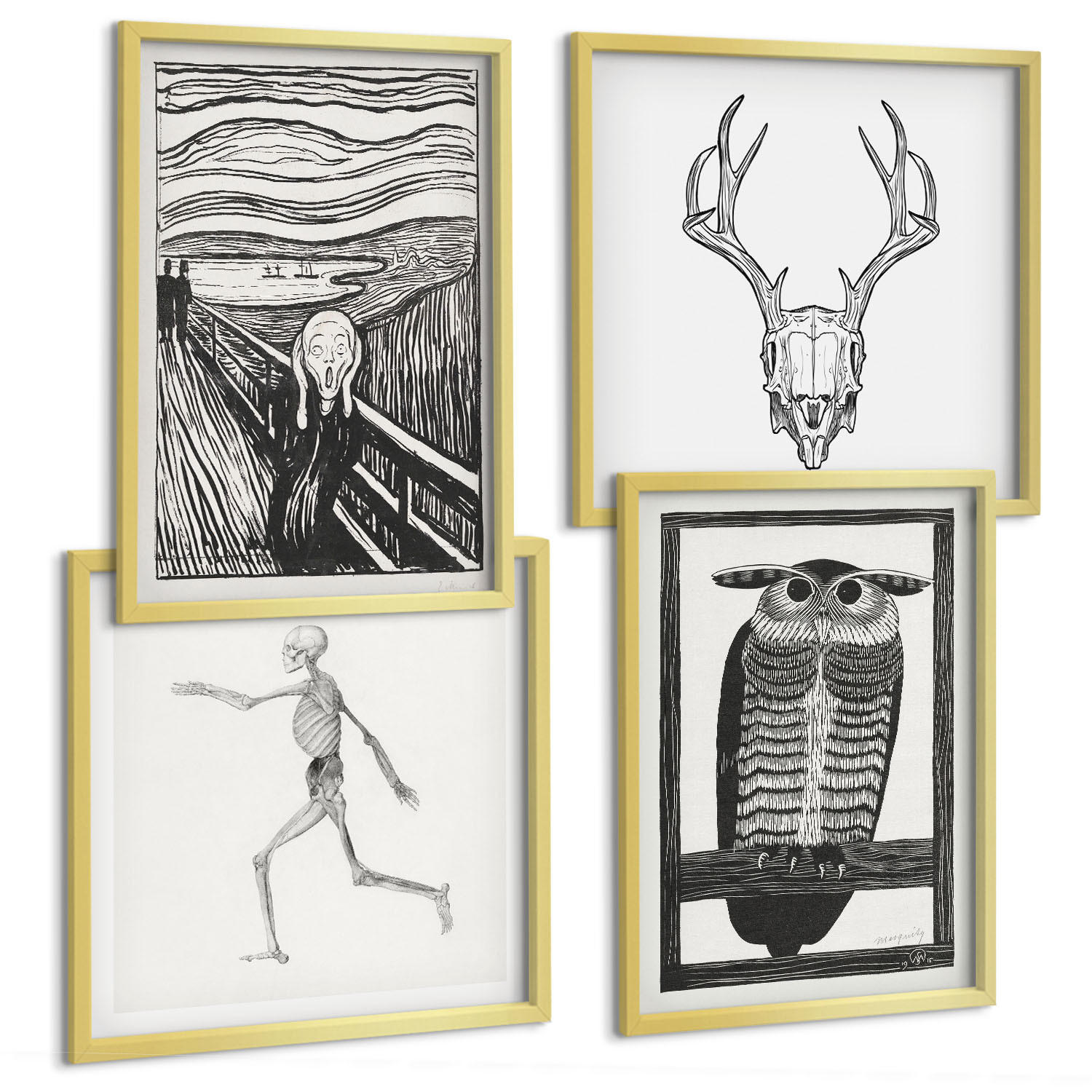 BILDER SET 4er Set - 50x50 cm & 40x60 cm Goldrahmen - Inspiration Schrei Schädel Eule - Goldfarben, Kunststoff (50/50cm) - TULUP